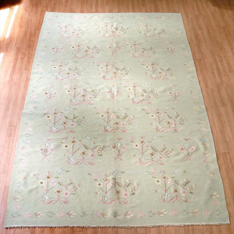 手織りキリム 大型271×181cm ペールグリーン フラワーブーケ 花柄