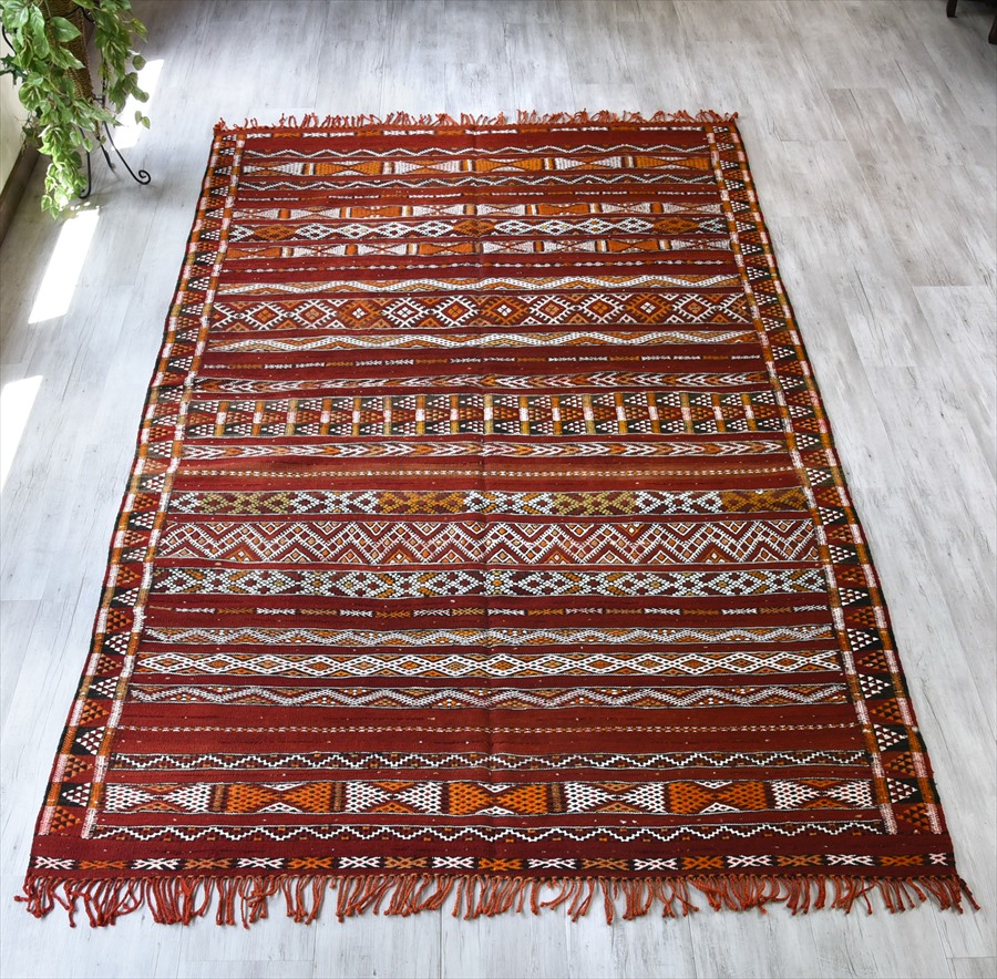 オールドキリム・モロッコベルベル族のキリム282×177cm ゼモール/レッドにジジム織りの伝統柄