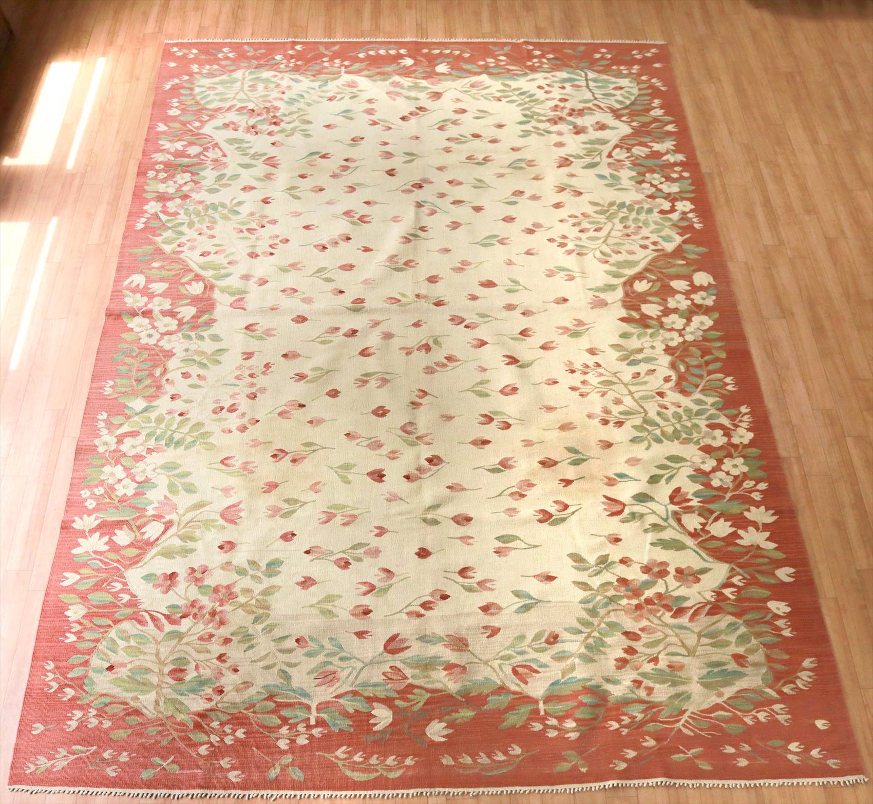 手織りキリム 大型300×200cm 花柄 チューリップ アイボリー ヨゴレあり OUTLET