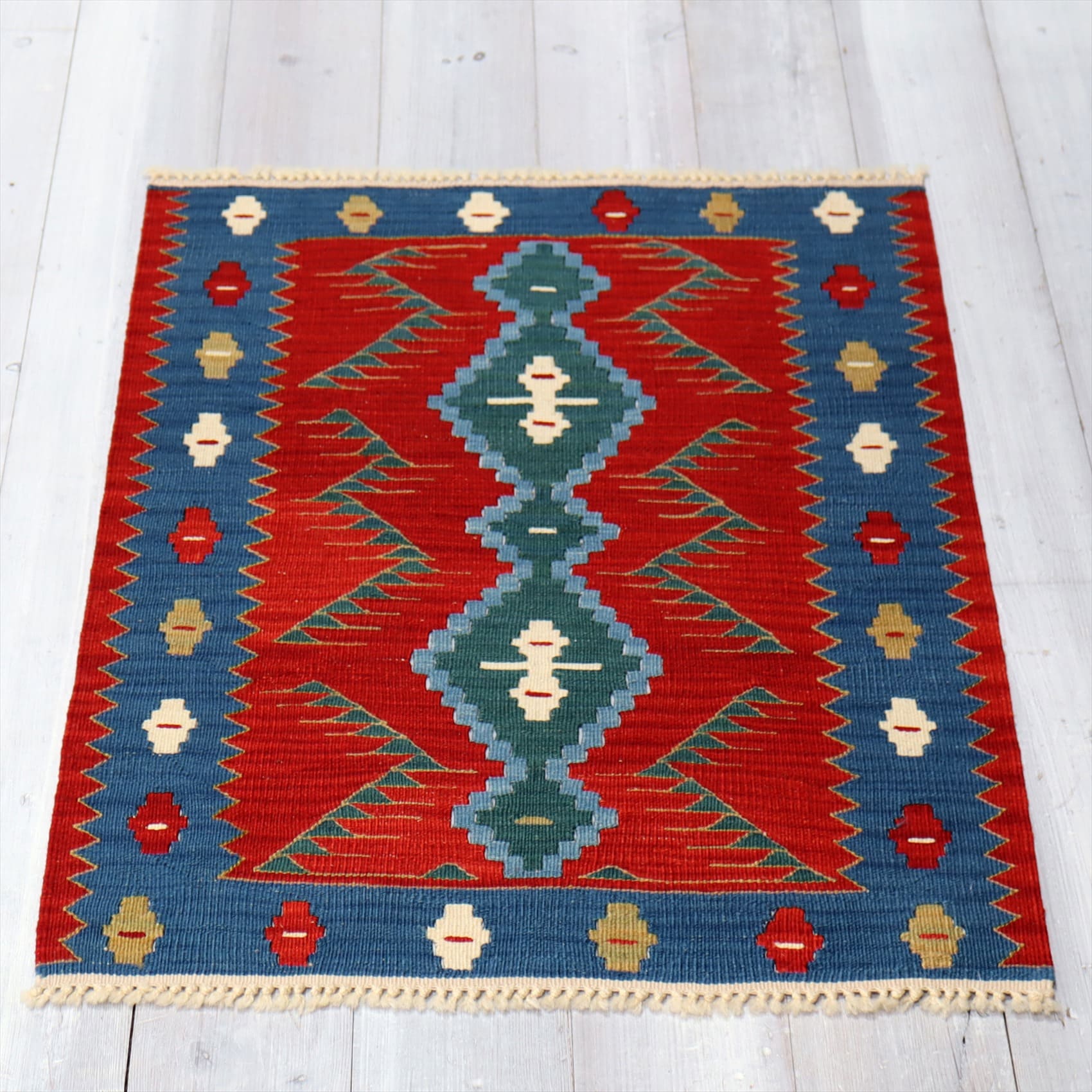 草木染・スーパーファインキリム　最高級の細かな手織りトルコキリム71×54cm ヤストゥク・ブルーグリーンのサンドゥック