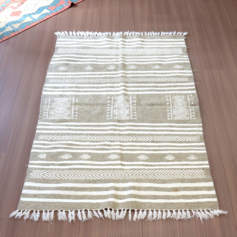 チュニジア・手織りキリム　アクセントラグ143×100cm グレー×ナチュラル
