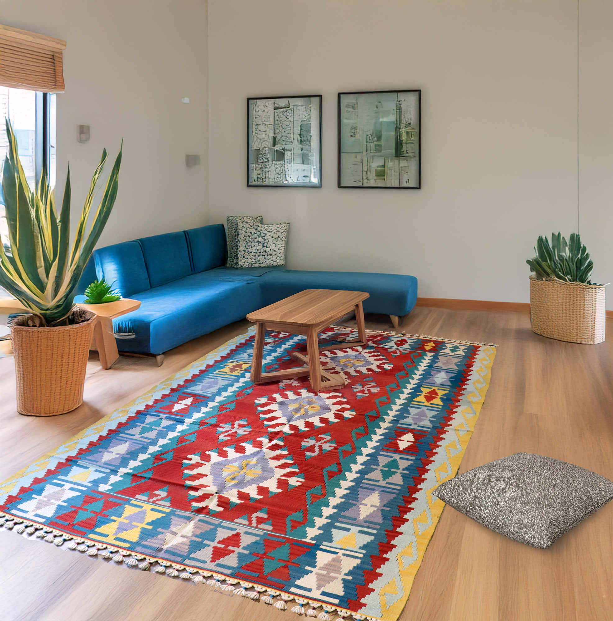 トルコ 手織りラグ　カイセリキリム242×147cm 幾何学柄　３つのドラゴンモチーフ