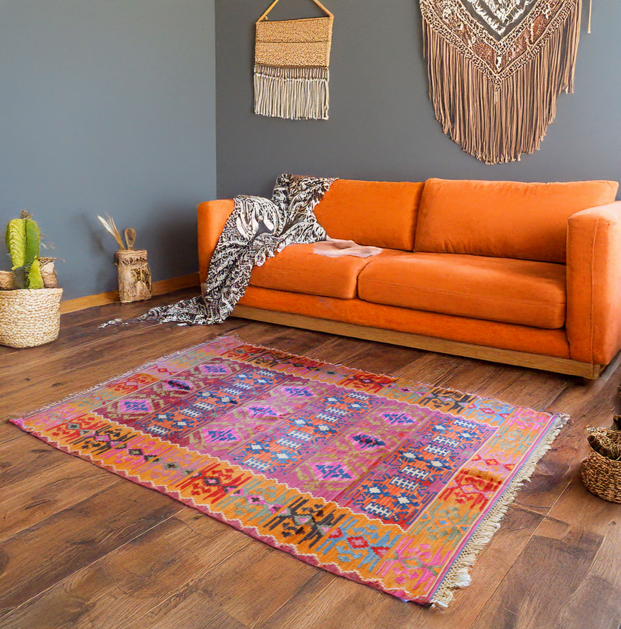 手織りキリム トルコ カイセリ産221×153cm リビングサイズ ローズピンクとオレンジ　サンドゥック