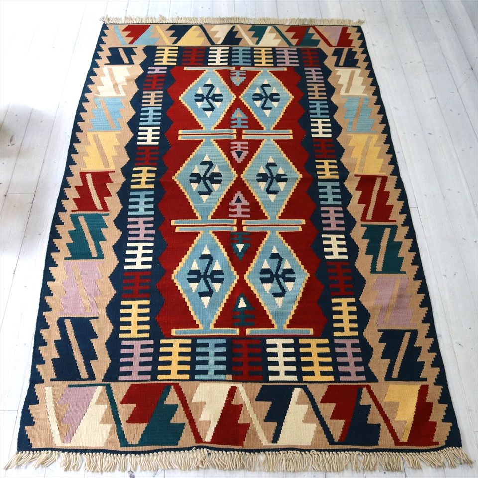 トルコの手織りキリム・カイセリ・カリヨラ 221×134cm 6つのメダリオン