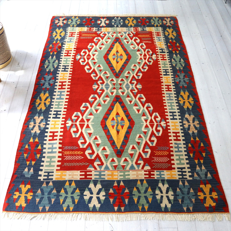 トルコの手織りキリム・カイセリ・カリヨラ 232×142cm 2つのメダリオン
