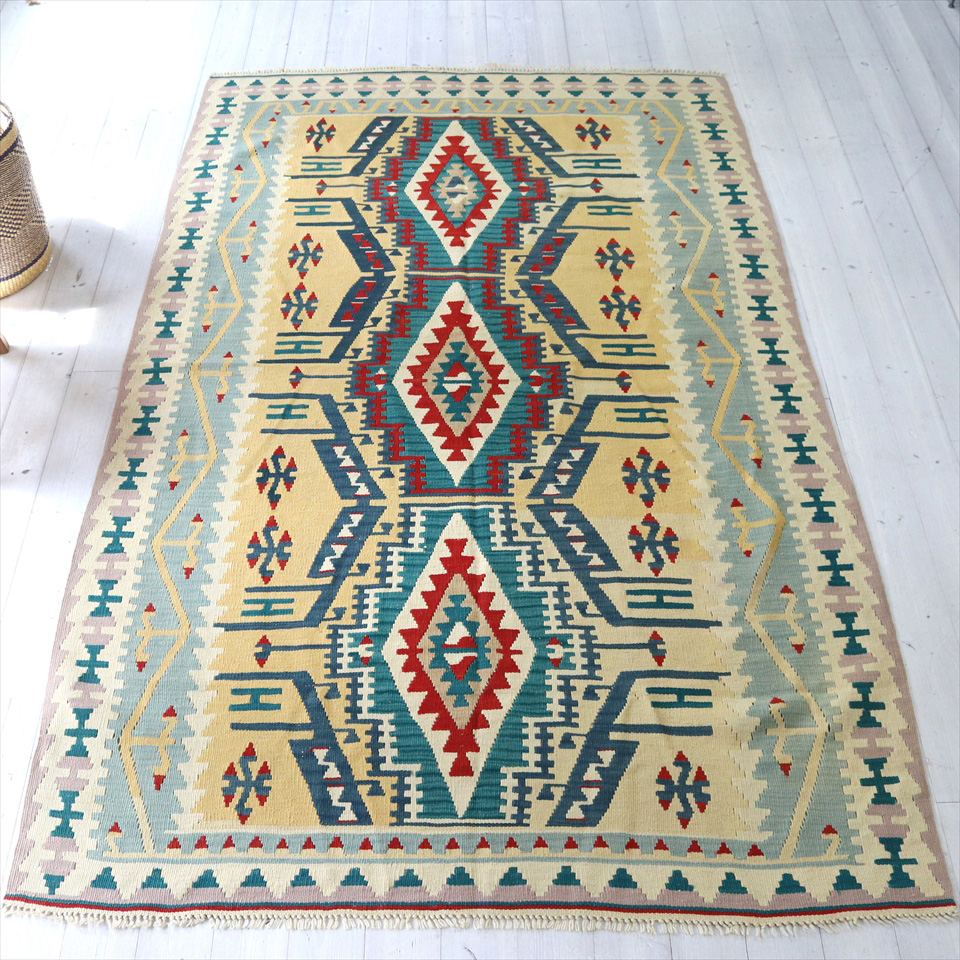 トルコの手織りキリム・カイセリ・カリヨラ 232×144cm パステルカラー