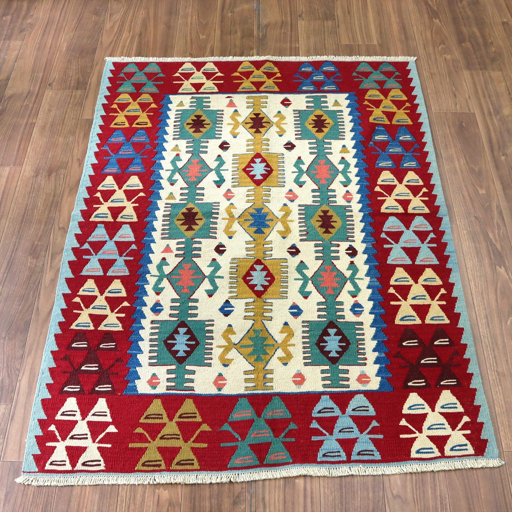 トルコ手織りキリム・ウシャク159×116cm 連なる四角形・サンドゥクとコチボユヌズ