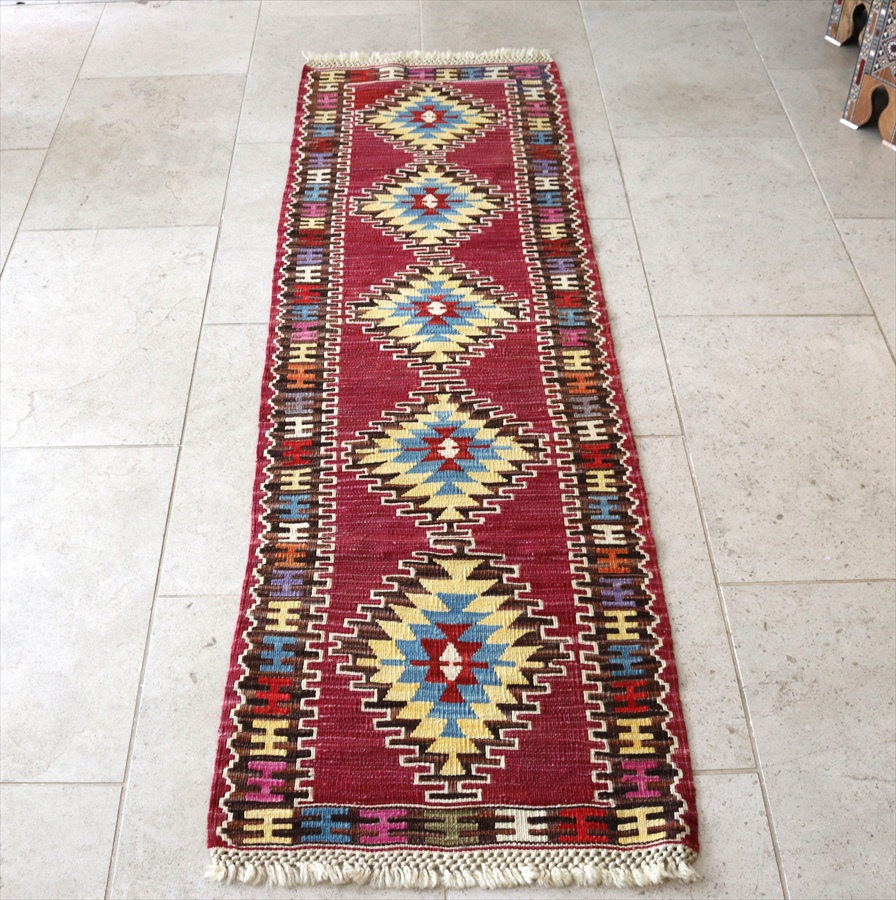 トルコ カイセリ産　手織りキリムラグ ウール100% 193×60cm  細長ランナー　/アカムラサキ