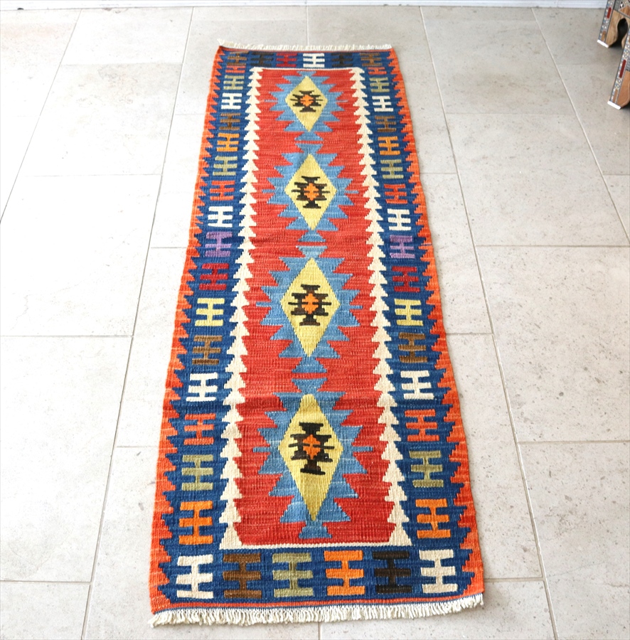 手織りキリムラグ ウール100% トルコ カイセリ産193×60cm  細長ランナー　/レッド/ブルー
