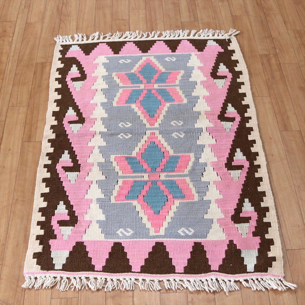 やわらかな織りのカイセリ産キリム　チェイレキ116×75cm ブルー/ピンク