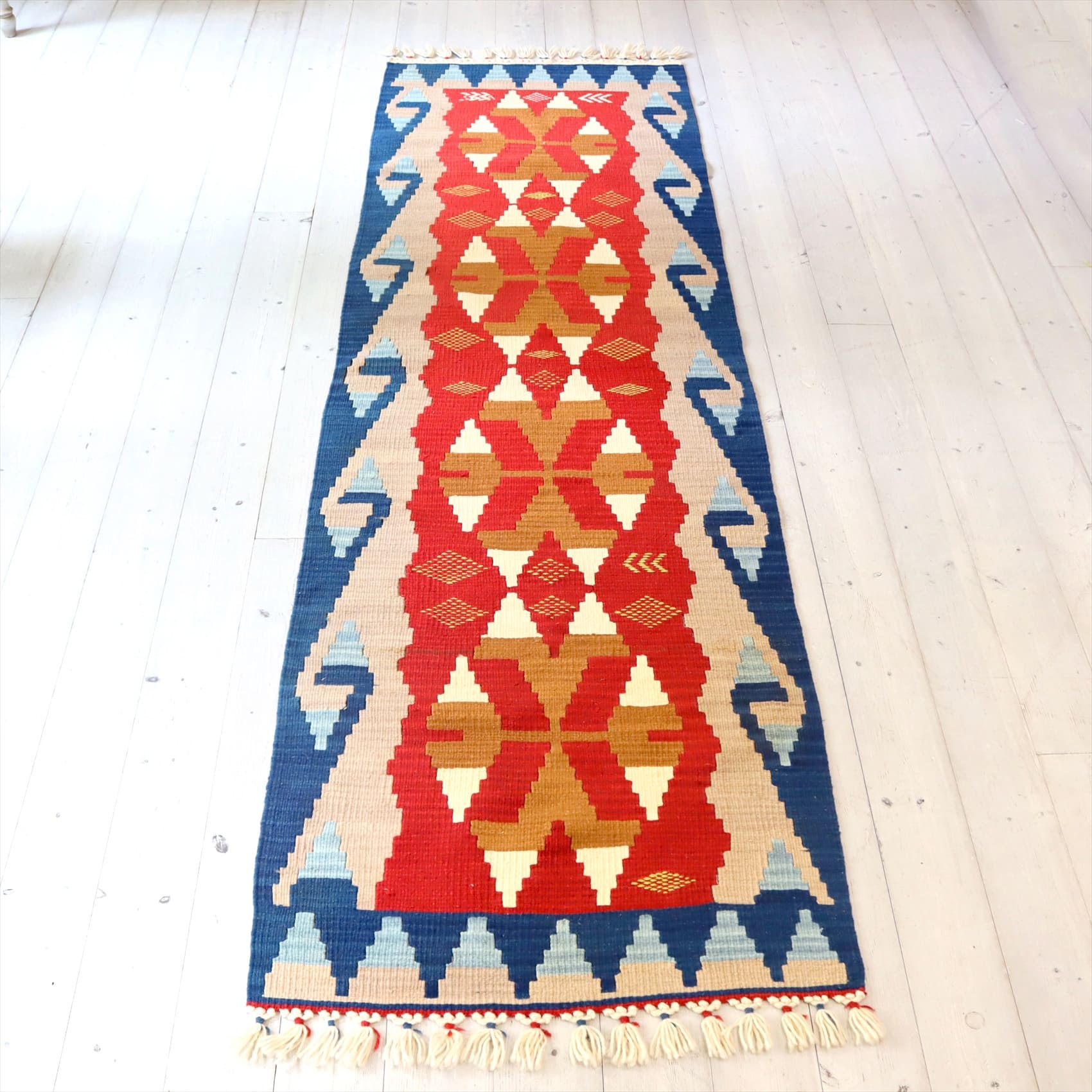 トルコの手織りキリム カイセリ221×67cm 狼の足跡