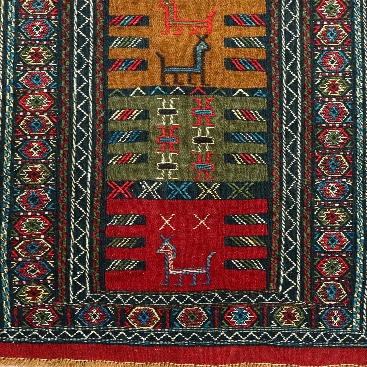 グチャン イランの手織りキリム200×103cm 動物と幾何学モチーフ