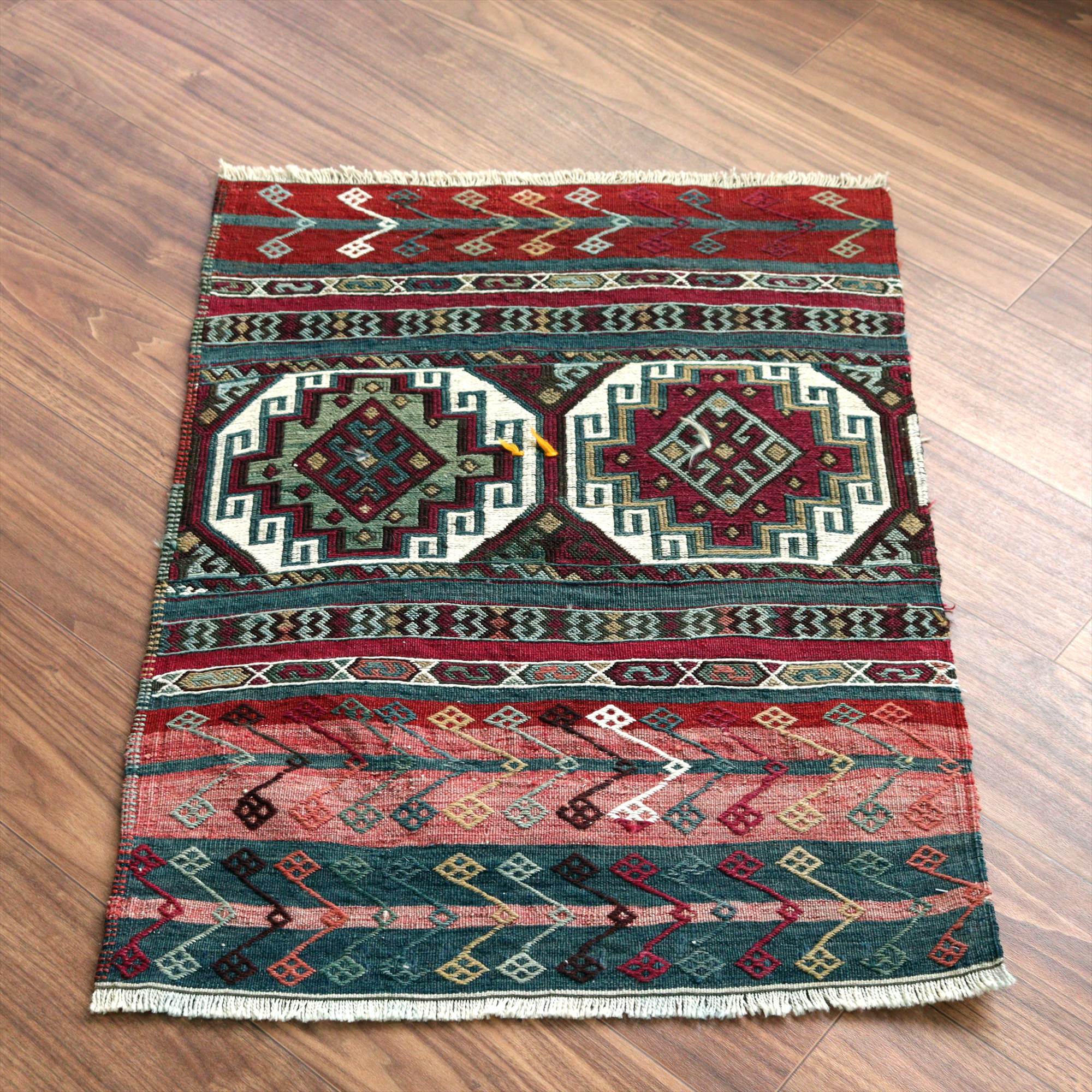 オールドキリム マラテヤ84×63cm 幾何学モチーフ レッド＆グリーン