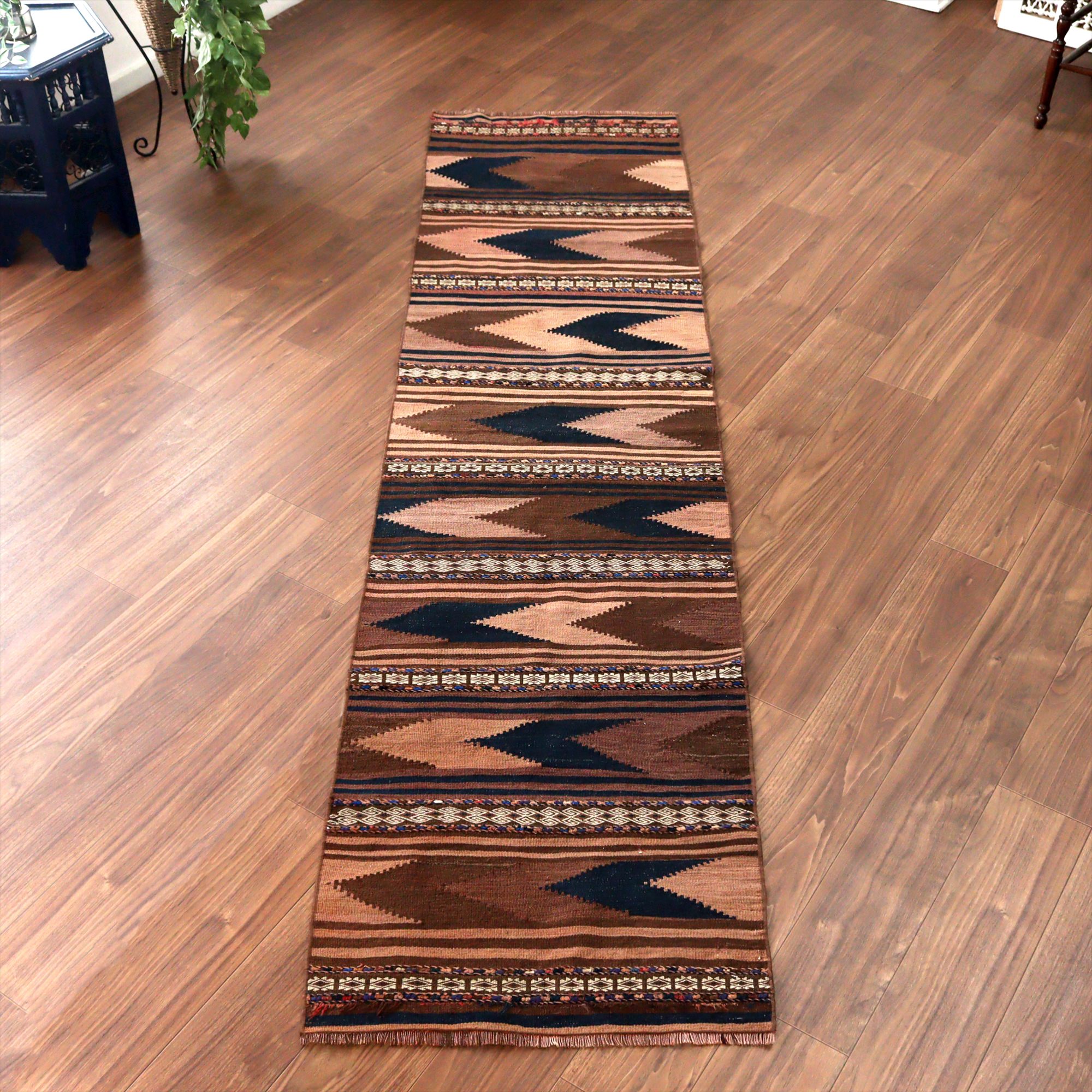 オールドキリム アフシャール260×65cm ボーダーデザイン ブラウン 細長サイズ