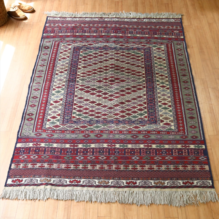 手織りキリム　スマック織り　緻密な幾何学モチーフ176×126cm アフガンキリム