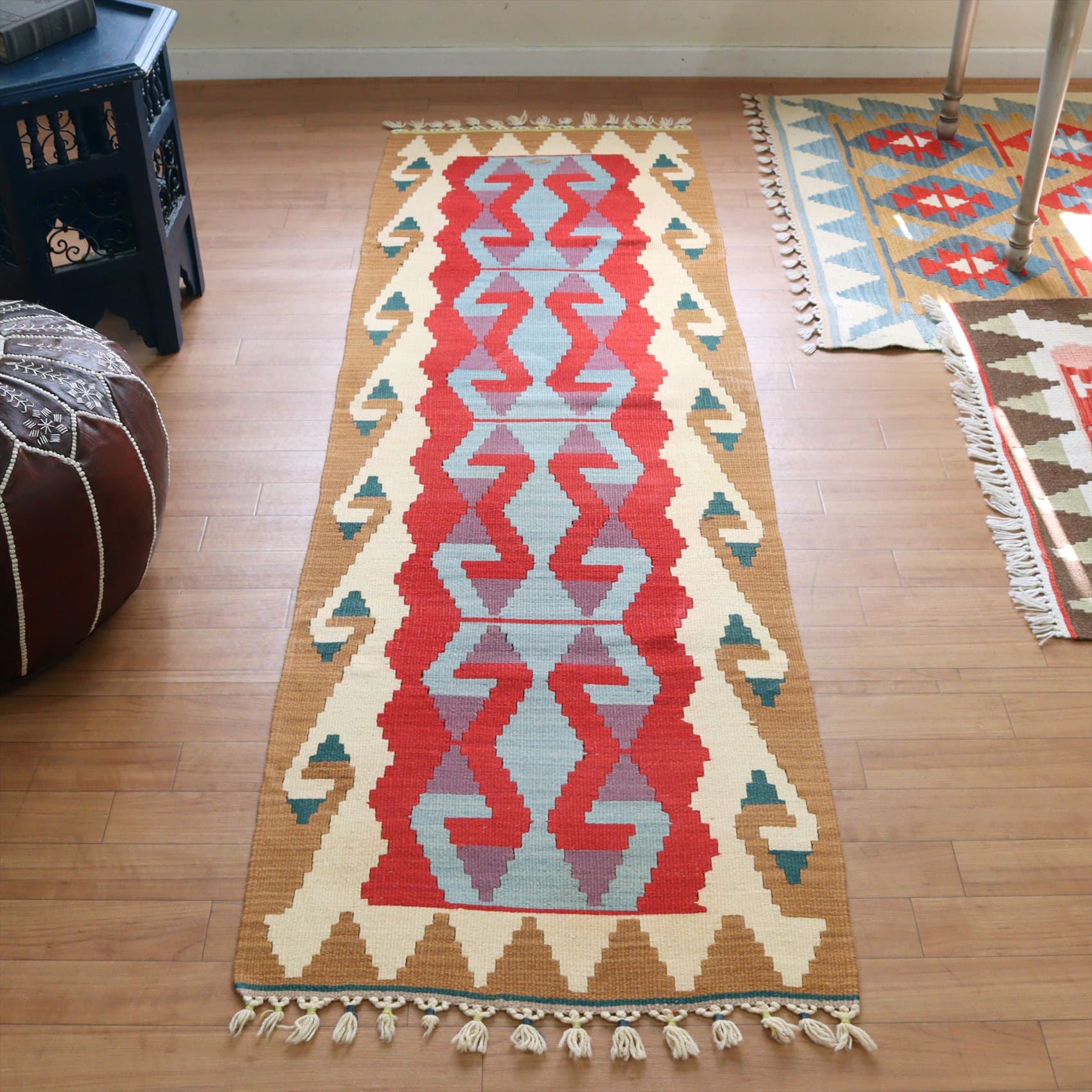 トルコの手織りキリム カイセリ202×63cm レッド&ブラウン