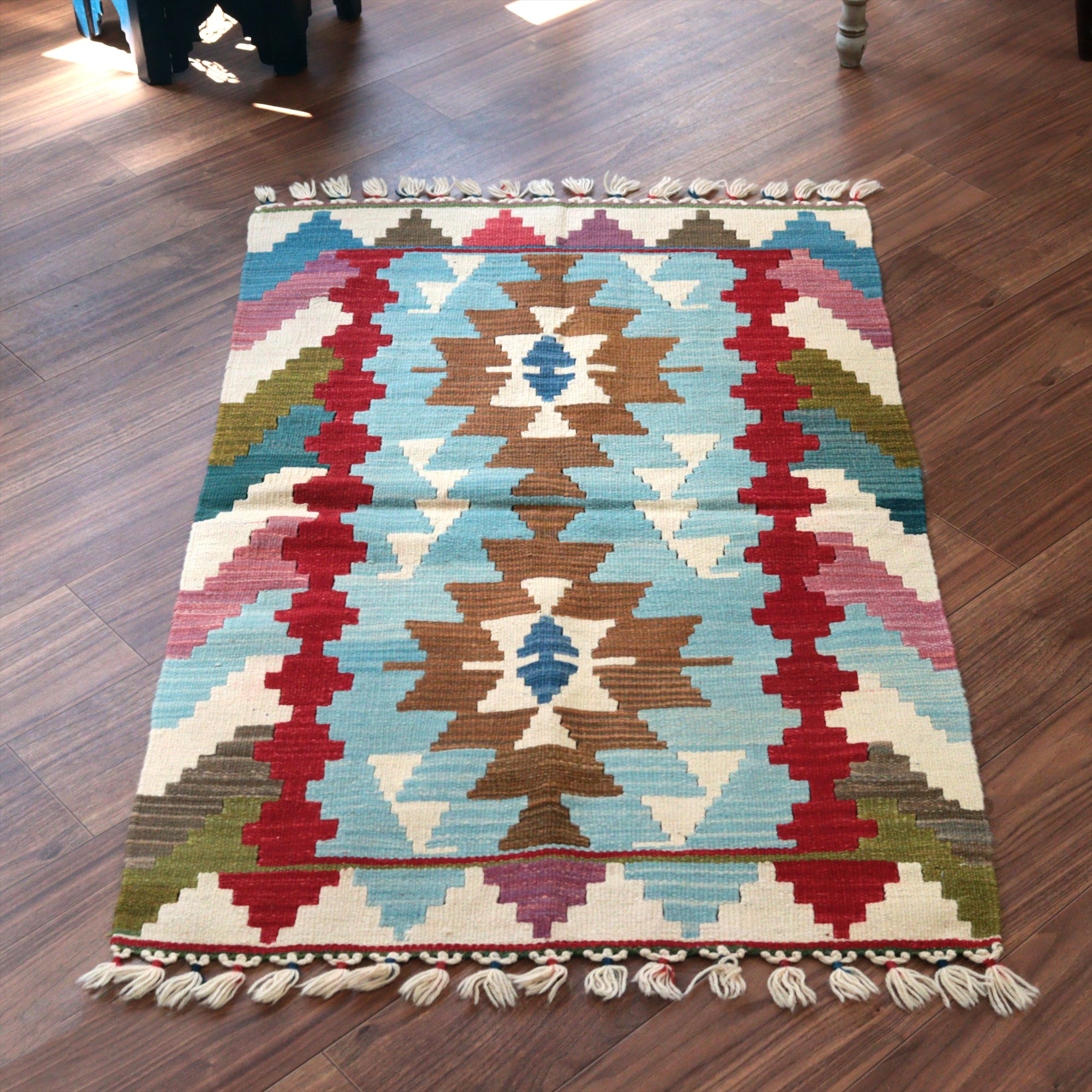 カイセリ産手織りキリム114×75cm ライトブルー トルコの手織りラグ