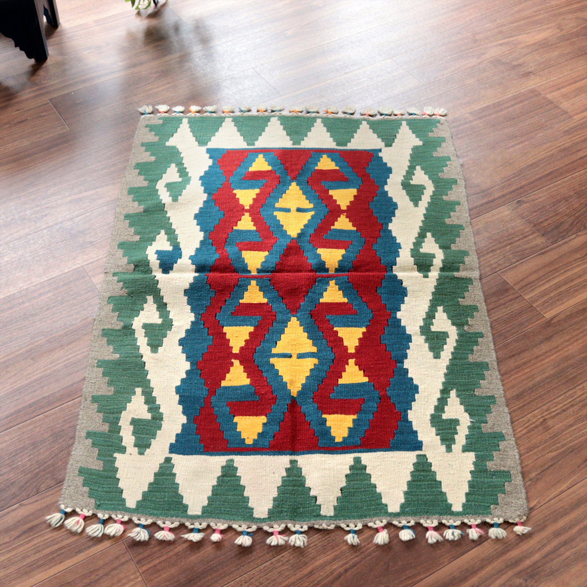 カイセリ産手織りキリム110×77cm レッド＆グリーン トルコの手織りラグ