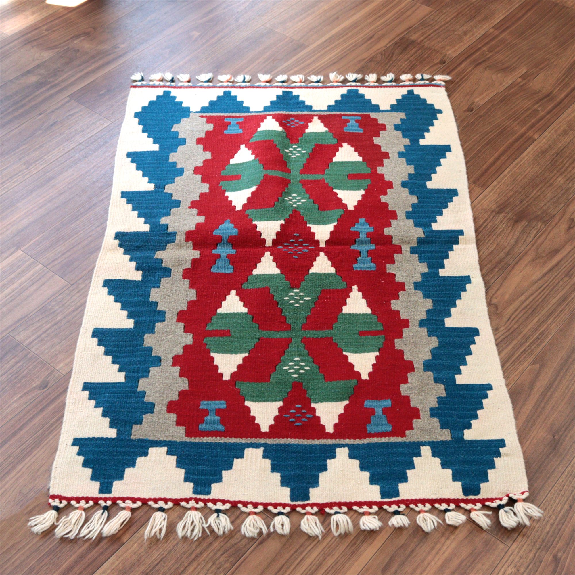 カイセリ産手織りキリム110×75cm レッド＆ブルー トルコの手織りラグ