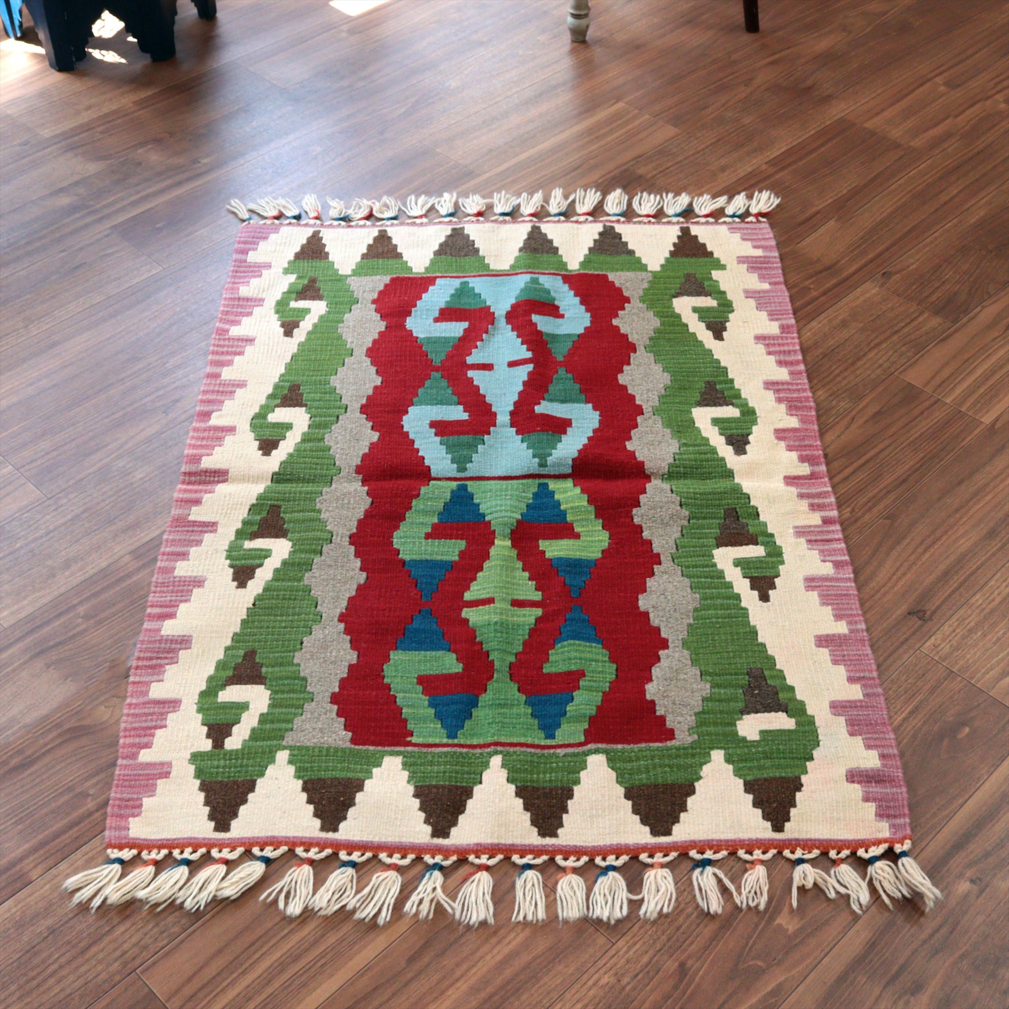 カイセリ産手織りキリム112×84cm レッド＆グリーン トルコの手織りラグ