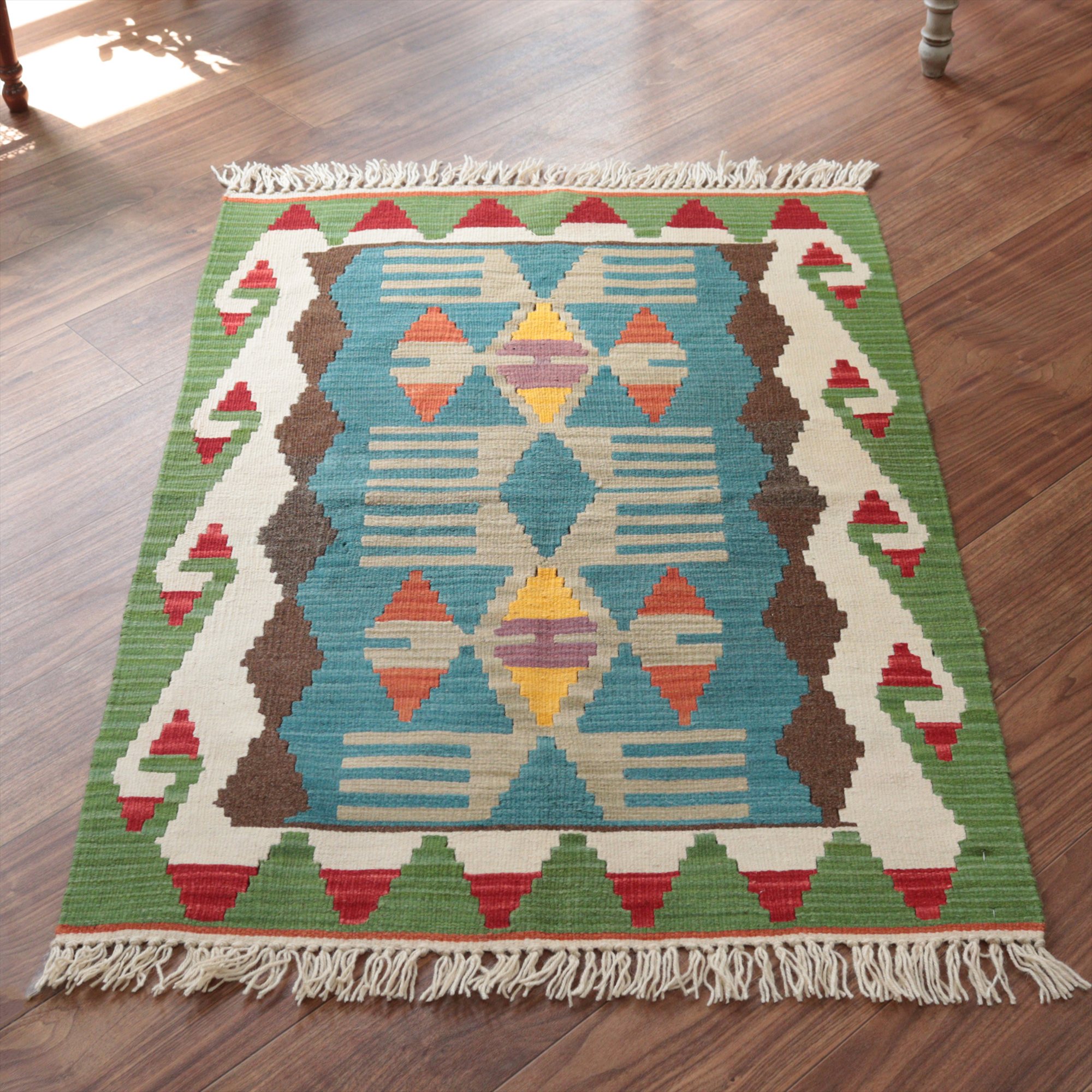 カイセリ産手織りキリム115×80cm ブルー＆グリーン トルコの手織りラグ