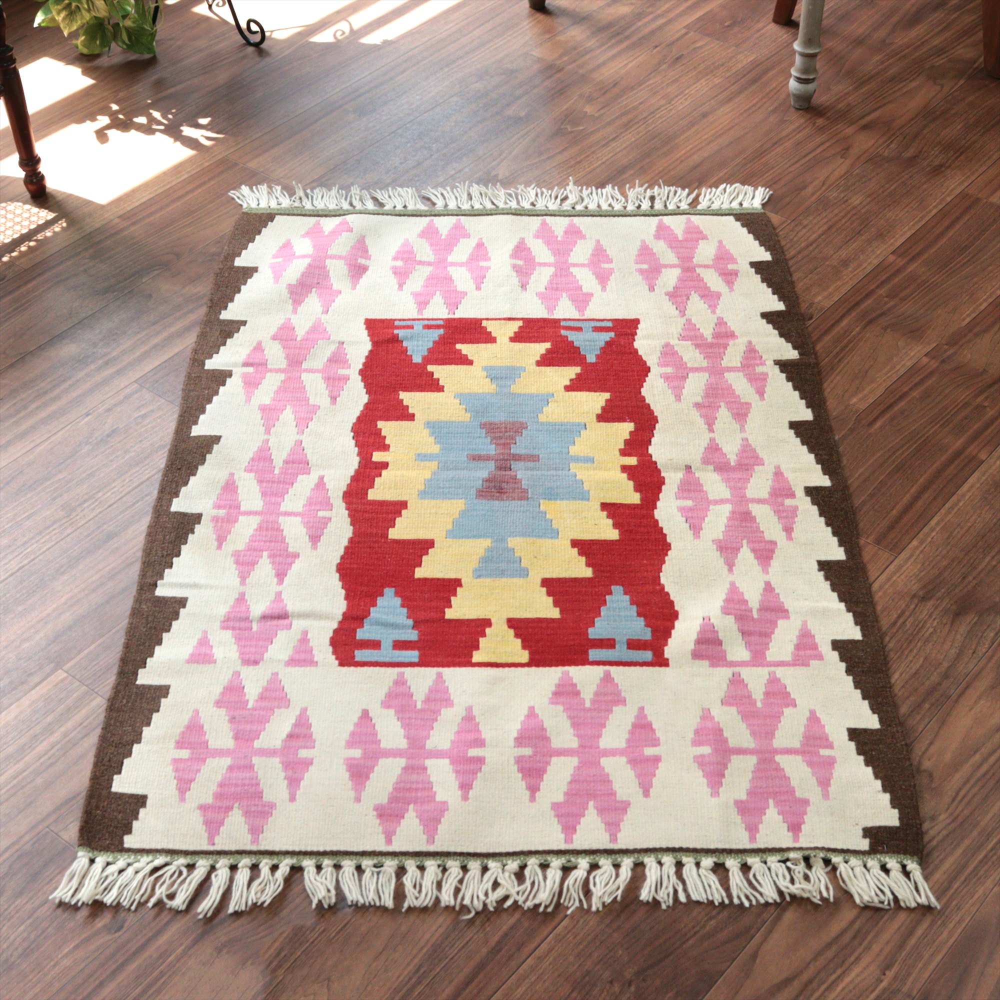 カイセリ産手織りキリム115×83cm レッド＆ベージュ トルコの手織りラグ