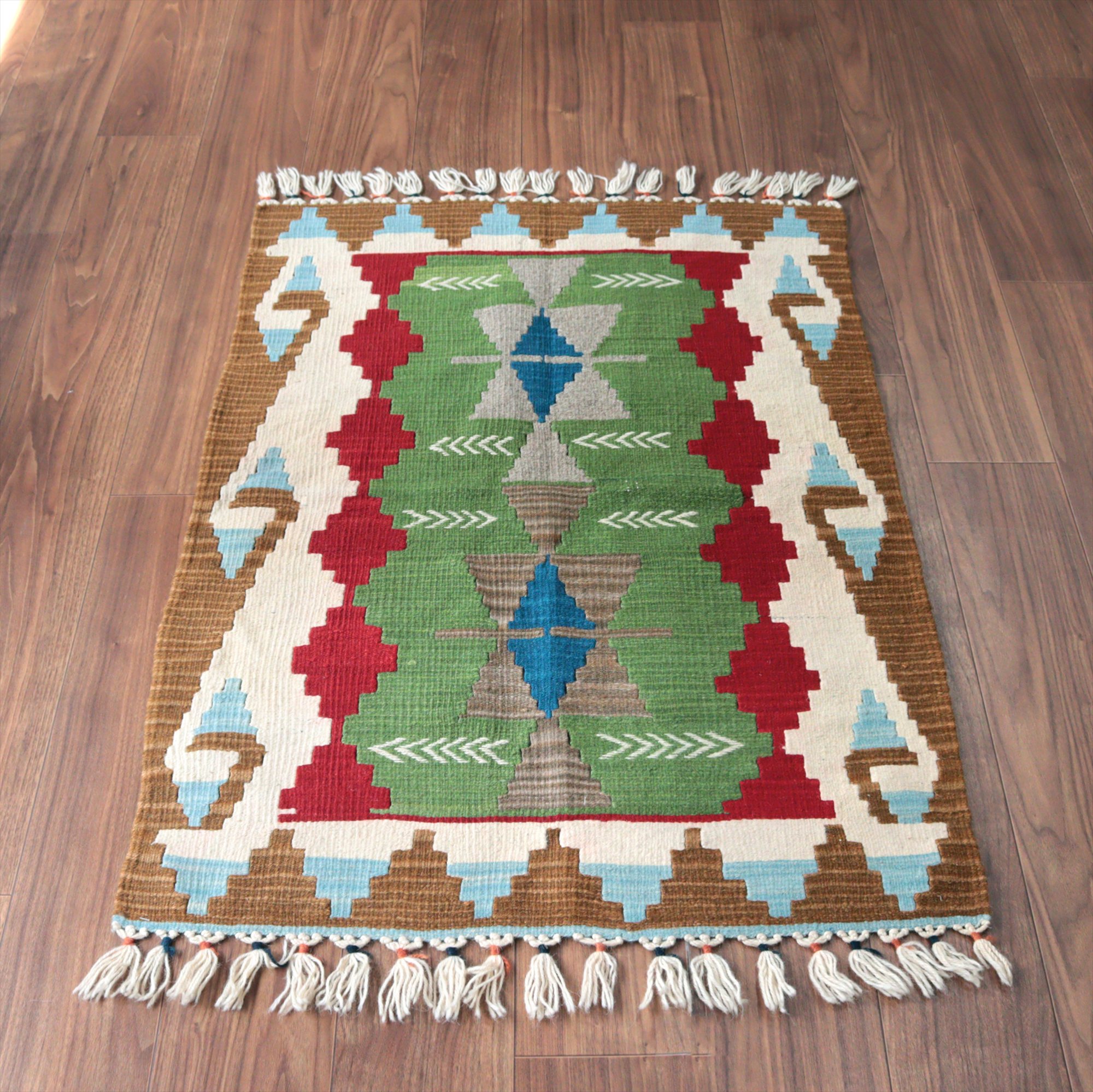 カイセリ産手織りキリム グリーン110×80cm ベレケットのモチーフ トルコの手織りラグ