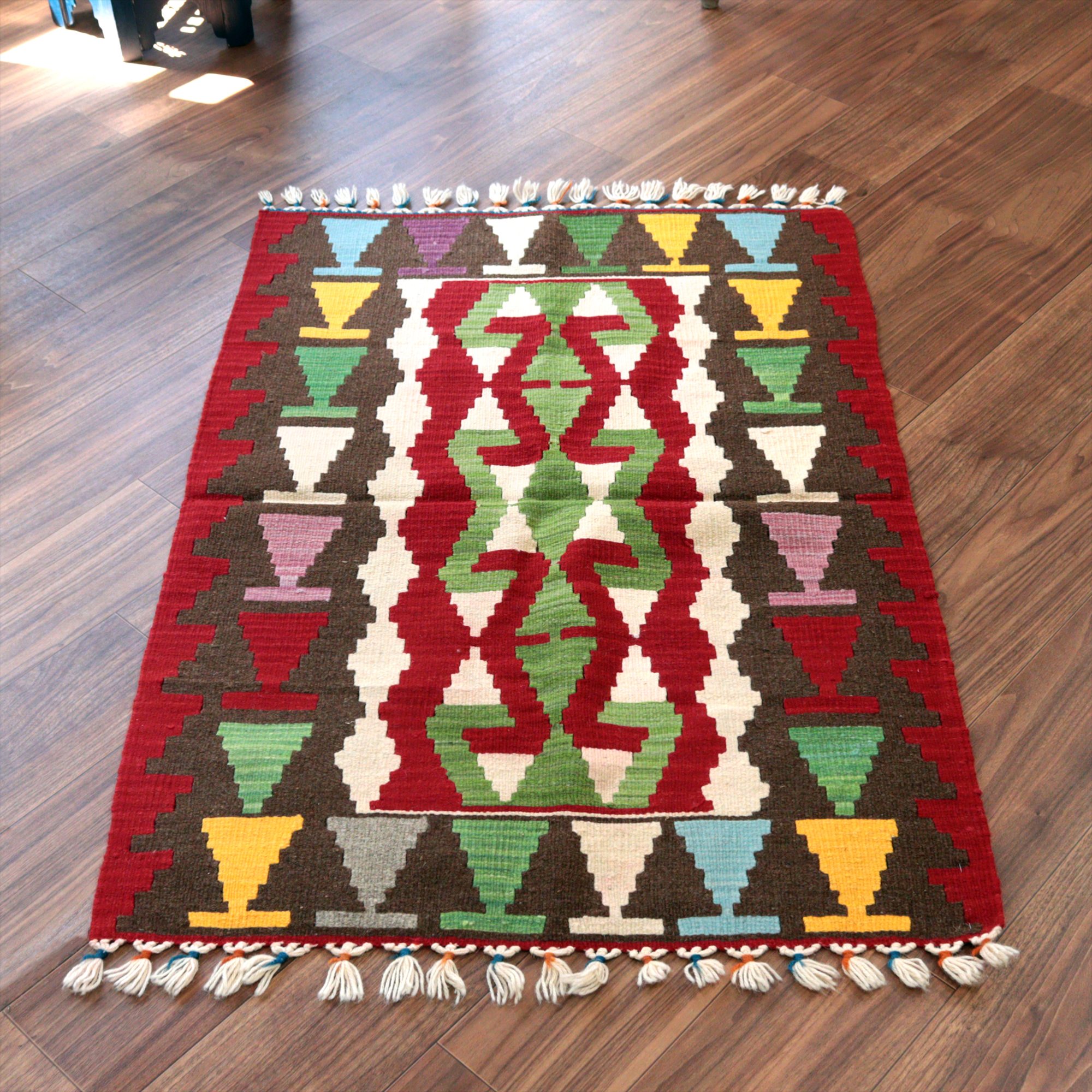 カイセリ産手織りキリム116×85cm レッド＆ブラウン トルコの手織りラグ