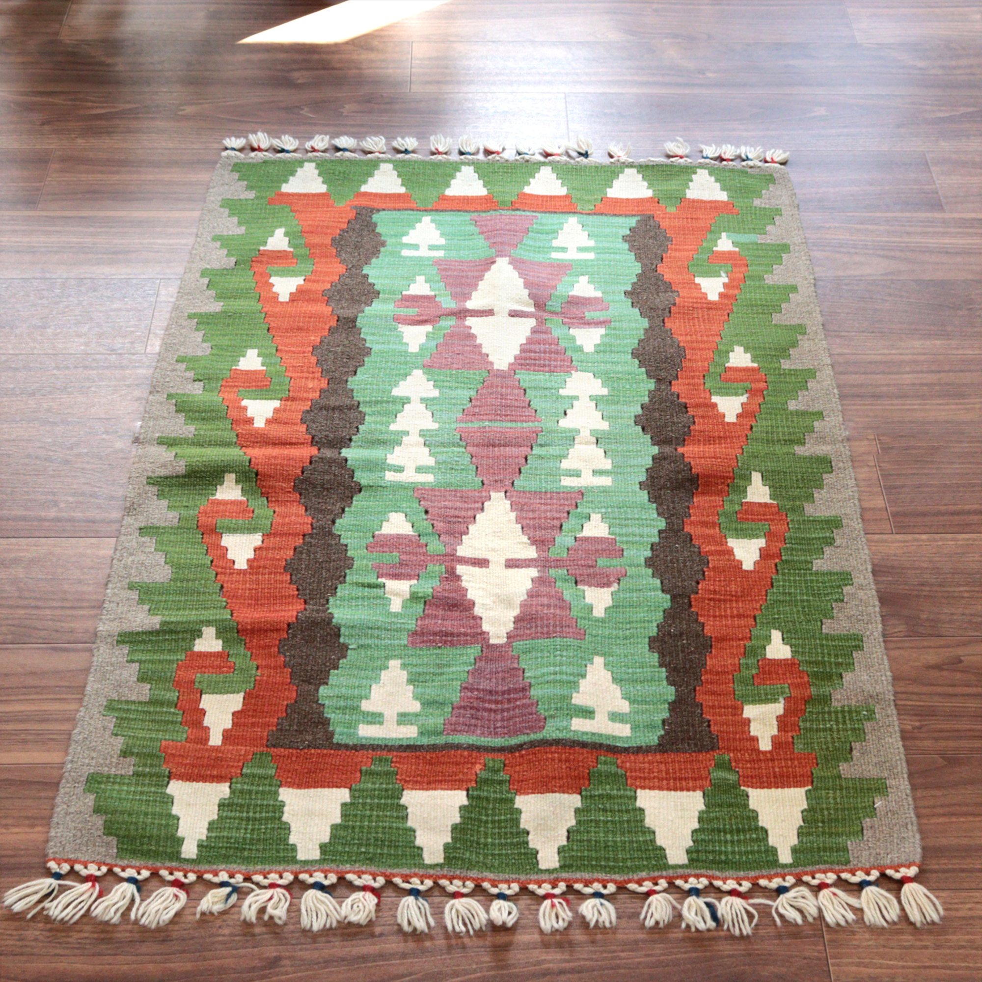 カイセリ産手織りキリム116×82cm グリーン＆オレンジ トルコの手織りラグ