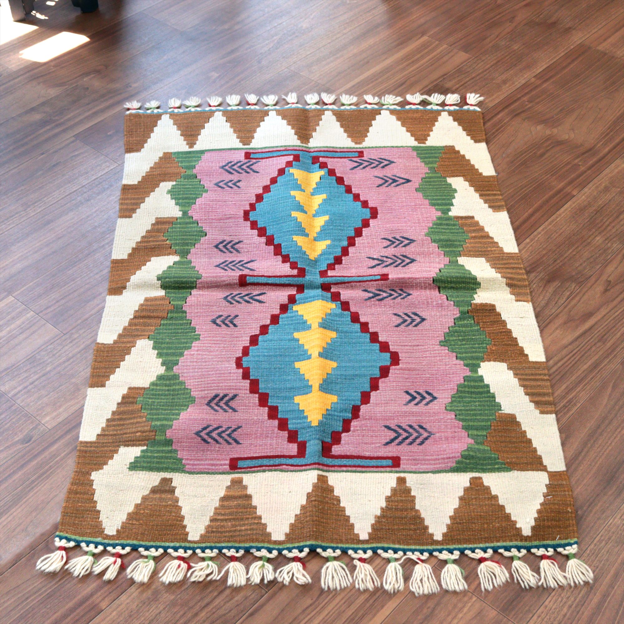 カイセリ産手織りキリム116×77cm パープル＆グリーン トルコの手織りラグ