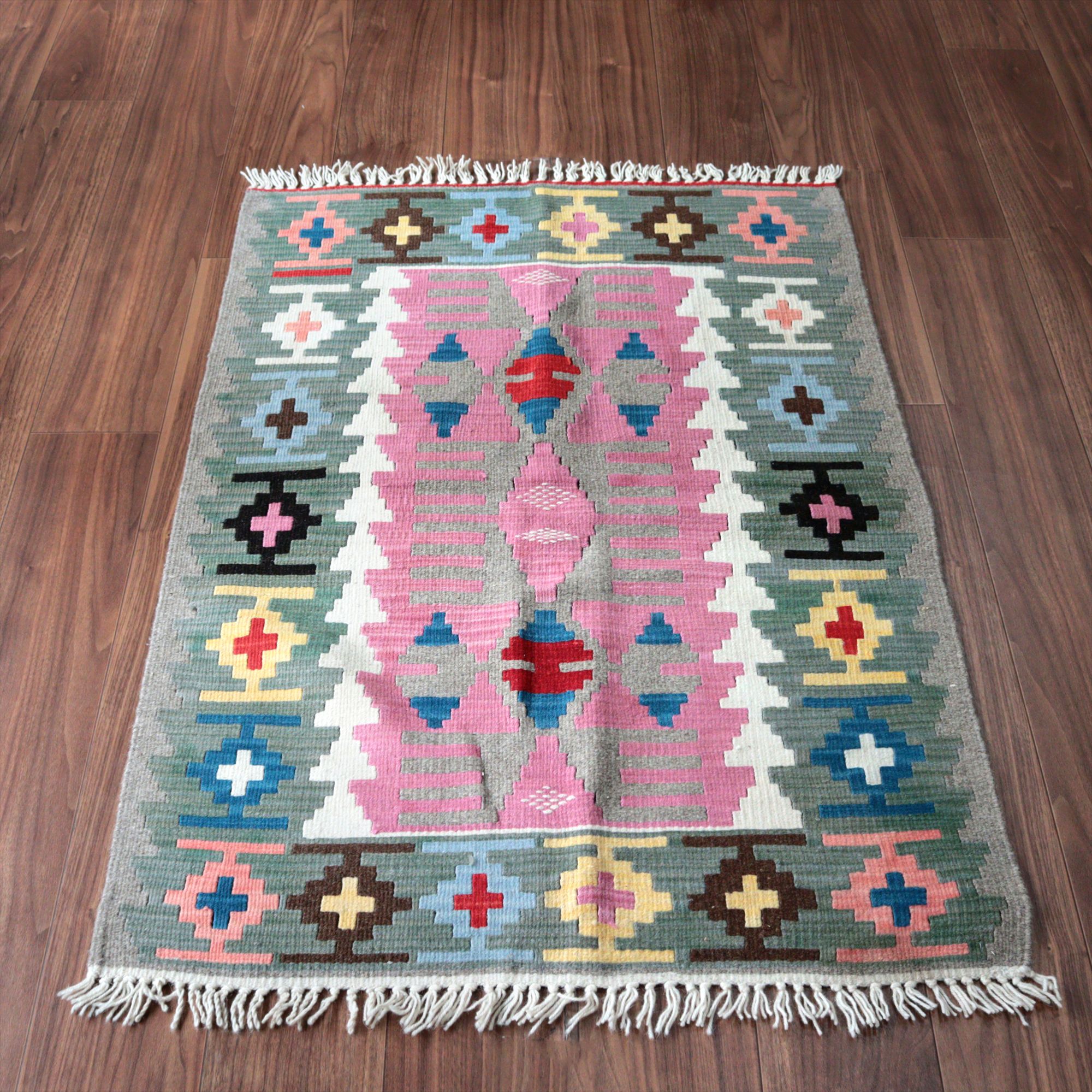 カイセリ産手織りキリム124×82cm ピンク＆グリーン トルコの手織りラグ