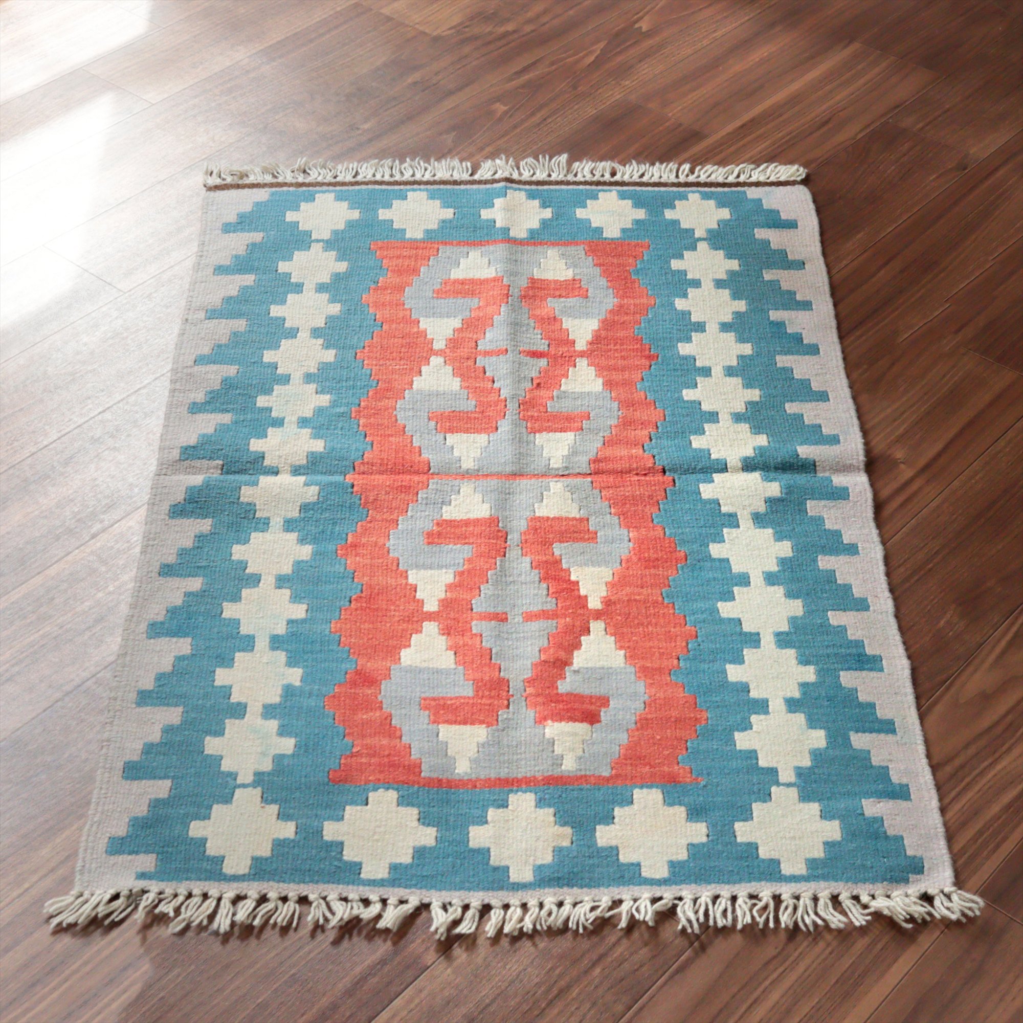 カイセリ産手織りキリム115×75cm レッド＆ブルー トルコの手織りラグ