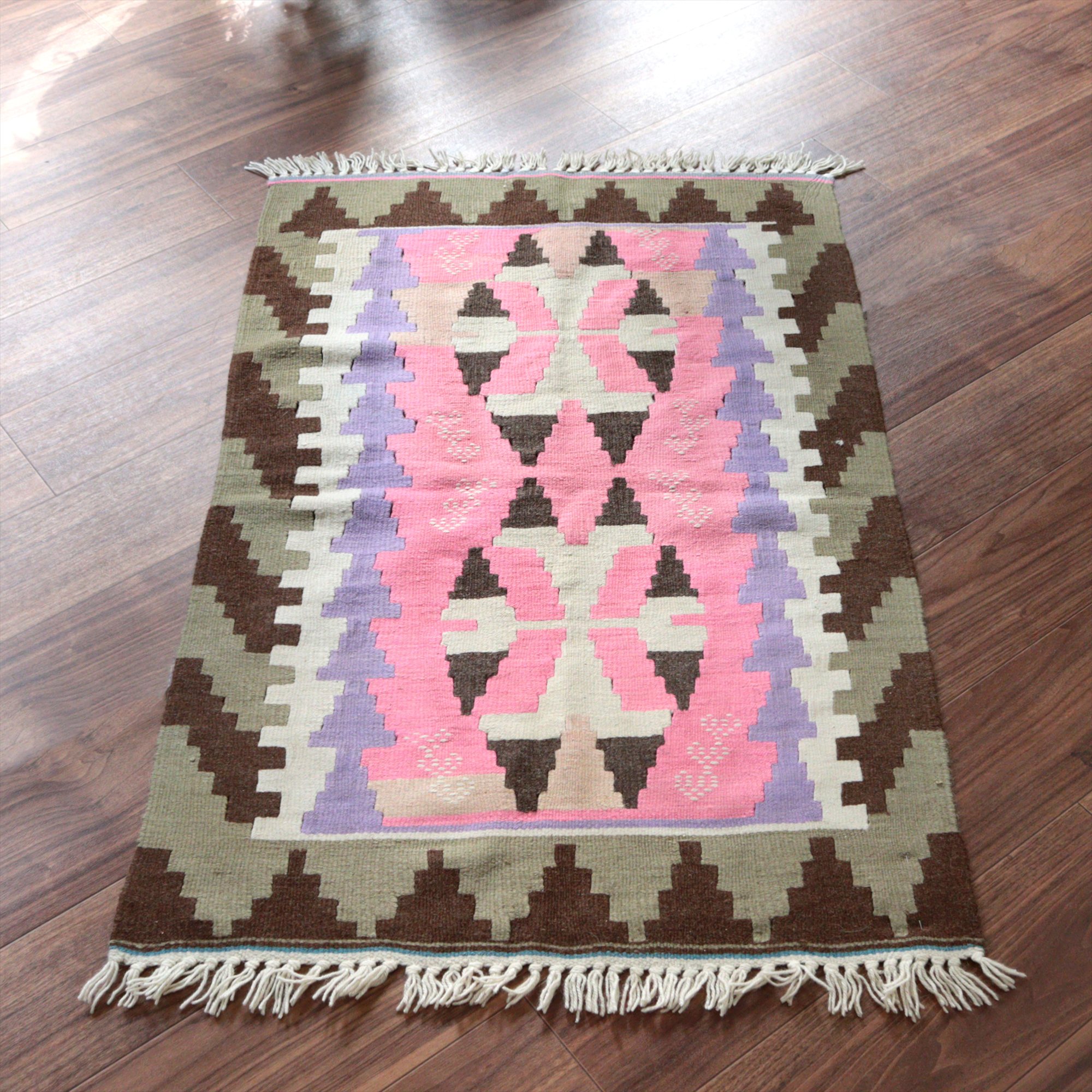 カイセリ産手織りキリム113×72cm ピンク＆パープル トルコの手織りラグ