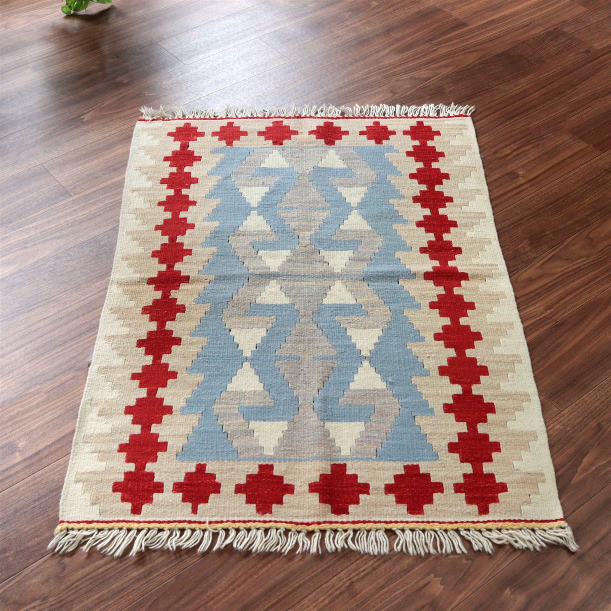 カイセリ産手織りキリム 雄羊の角115×79cm ブルー＆グレー トルコの手織りラグ