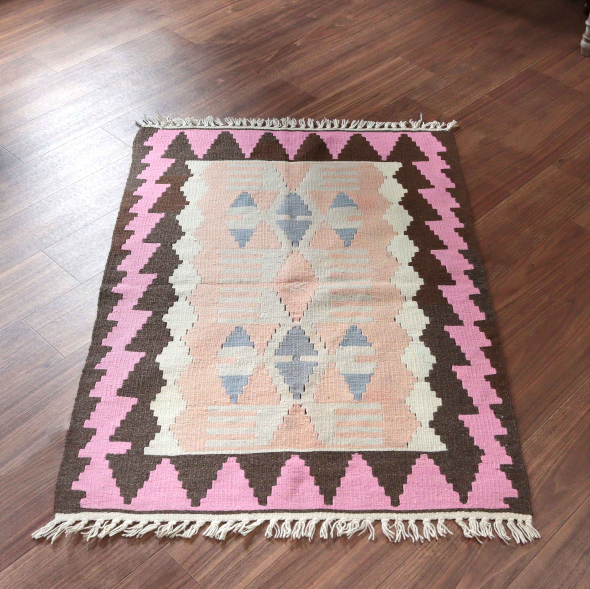 カイセリ産手織りキリム119×83cm オレンジ＆ピンク トルコの手織りラグ