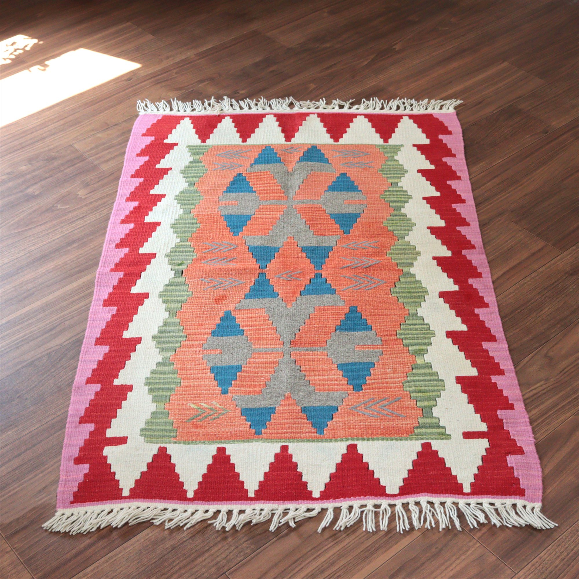 カイセリ産手織りキリム123×81cm オレンジ＆レッド トルコの手織りラグ