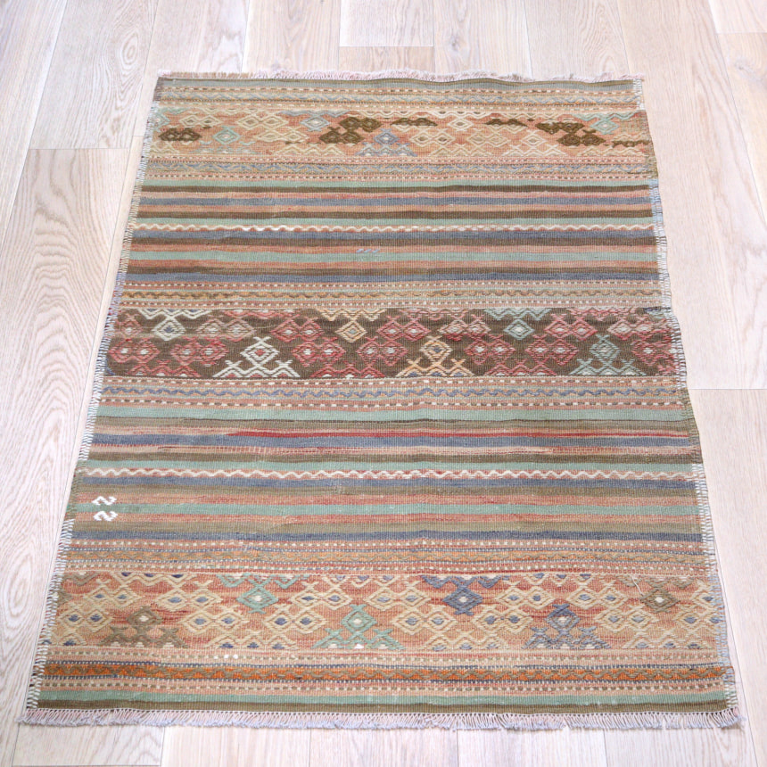 【15%OFF】オールドキリム マニサ132×90cm パステルトーンのボーダーデザイン