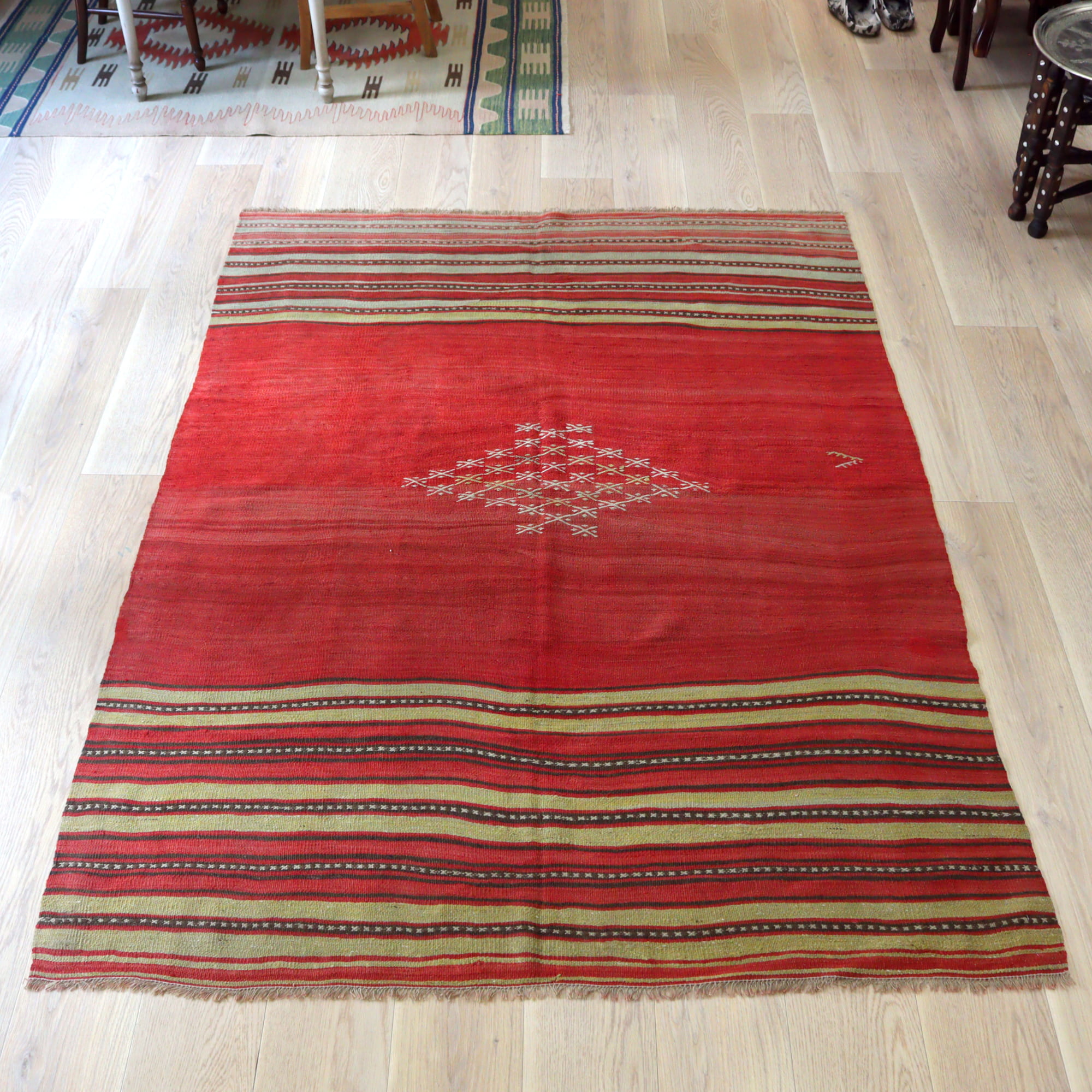 オールドキリム バルケスィール205×149cm ダイヤとボーダー レッド