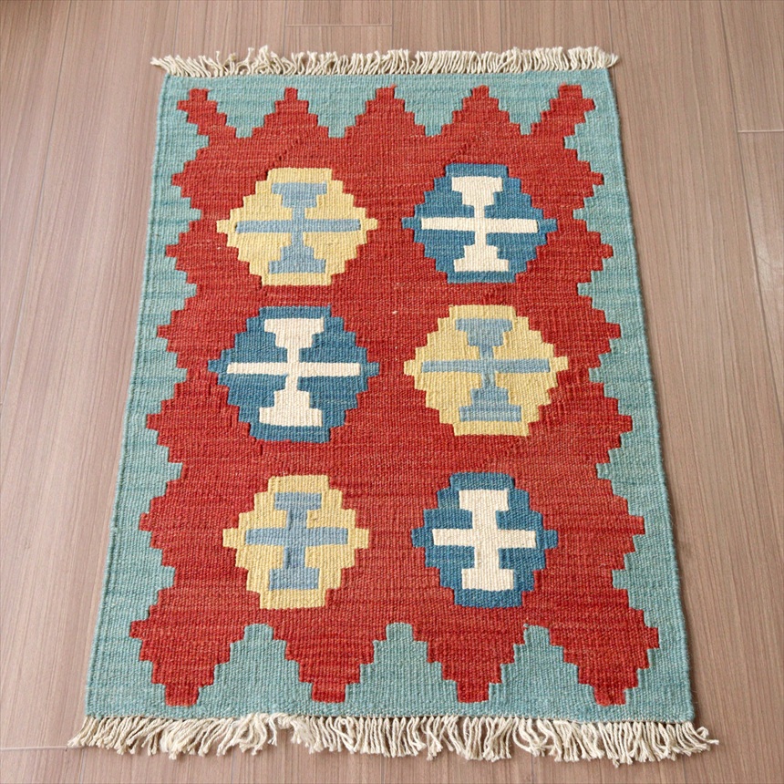 カシュカイキリム イラン 手織り88×62cm カラフルな幾何学モチーフ