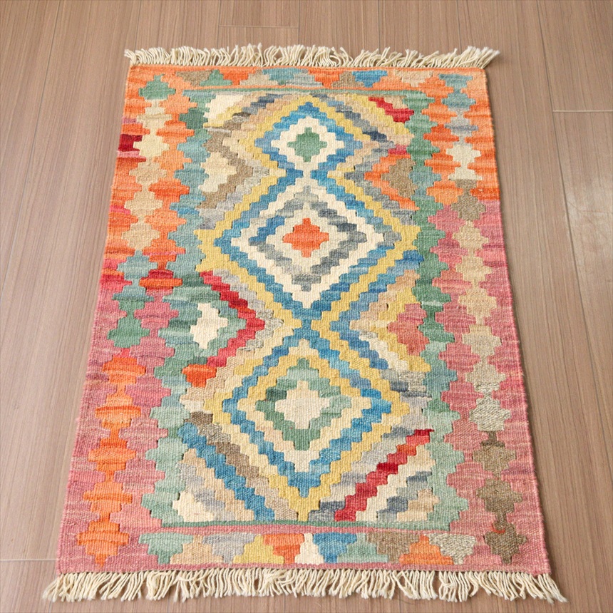 カシュカイキリム イラン 手織り90×65cm カラフルな幾何学モチーフ