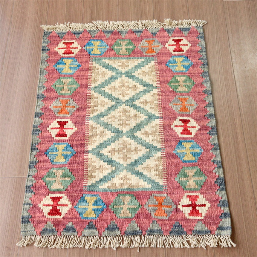 カシュカイキリム イラン 手織り84×66cm カラフルな幾何学モチーフ