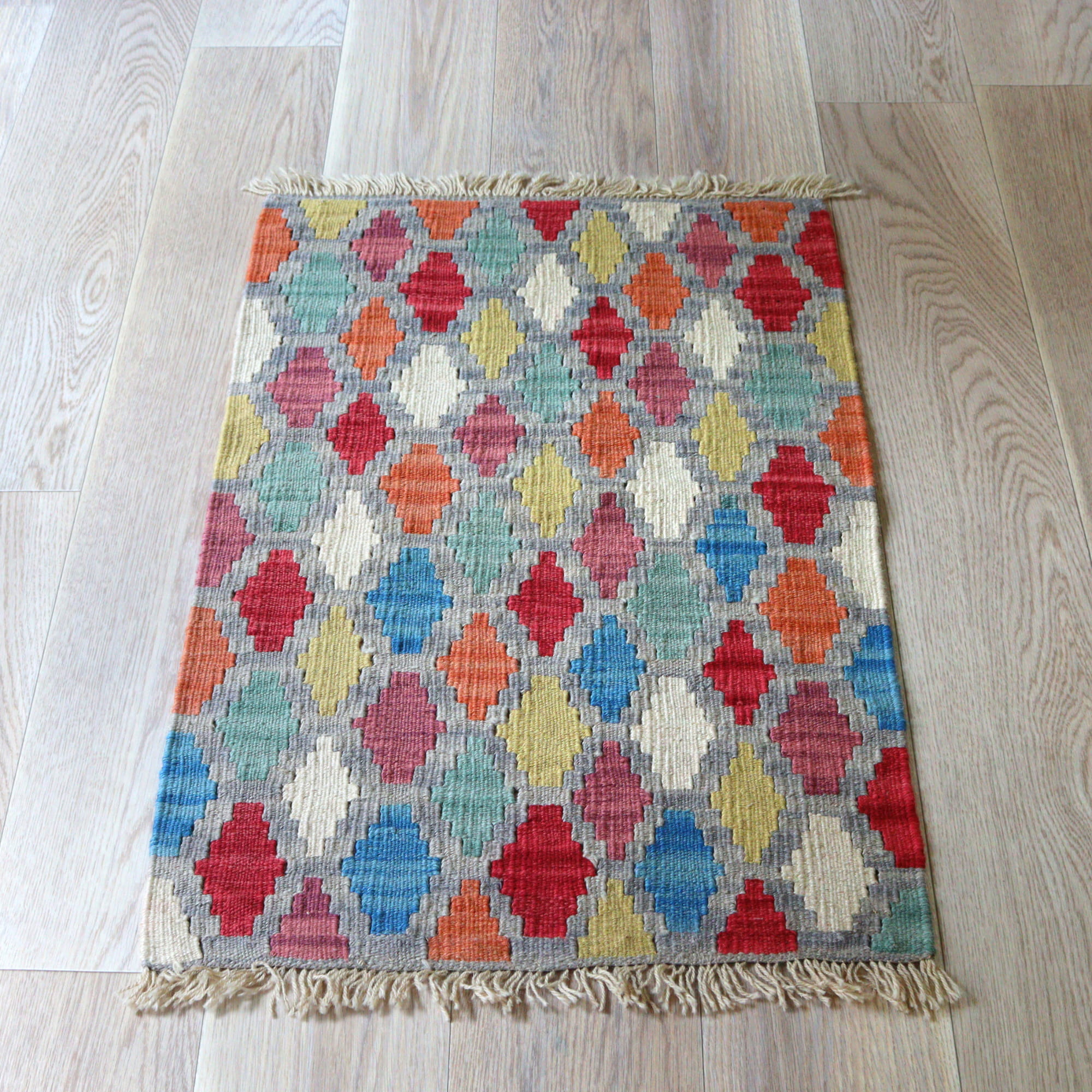 カシュカイキリム イラン 手織り93×60cm カラフルな幾何学モチーフ