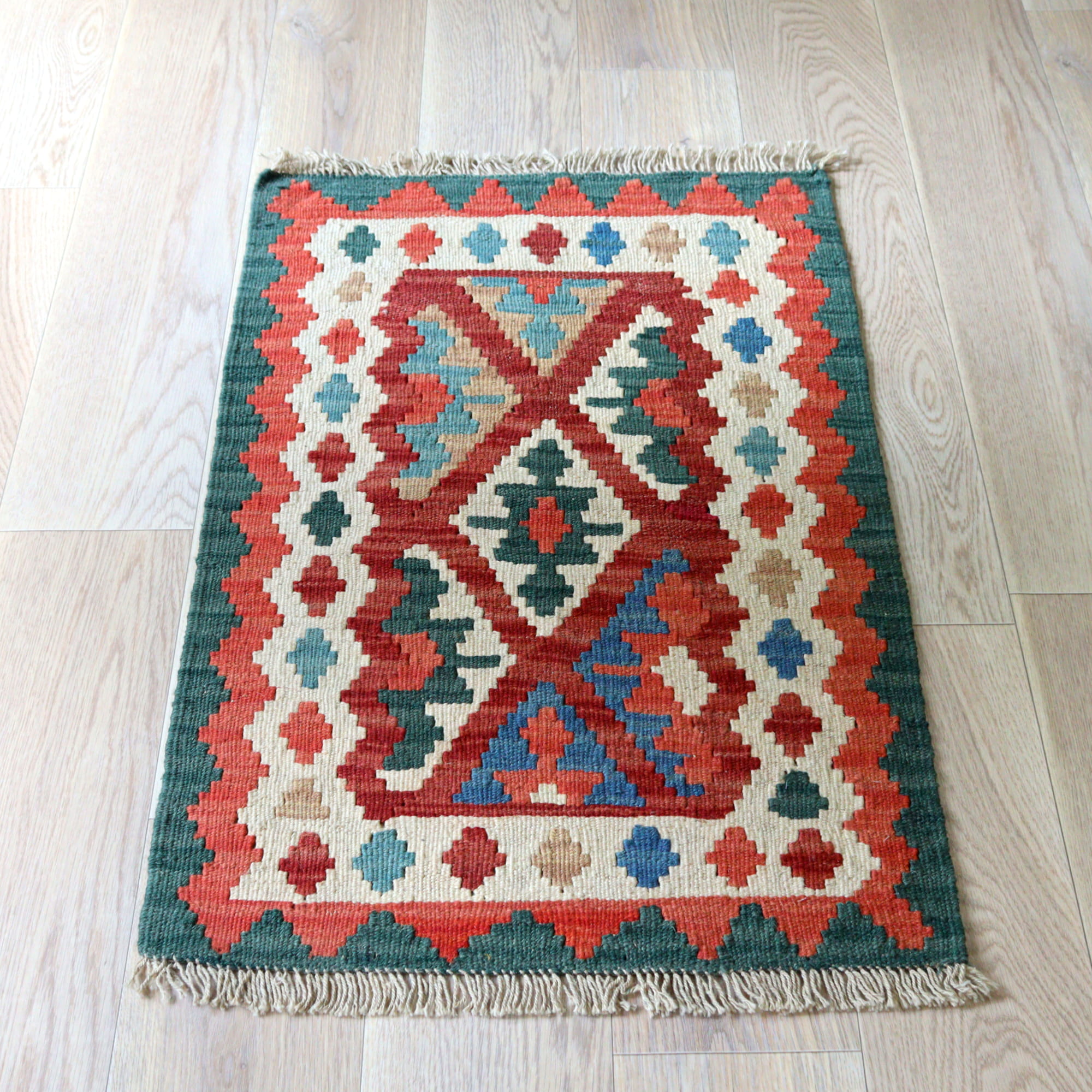 【15%OFF】カシュカイキリム イラン 手織り97×63cm カラフルな幾何学モチーフ