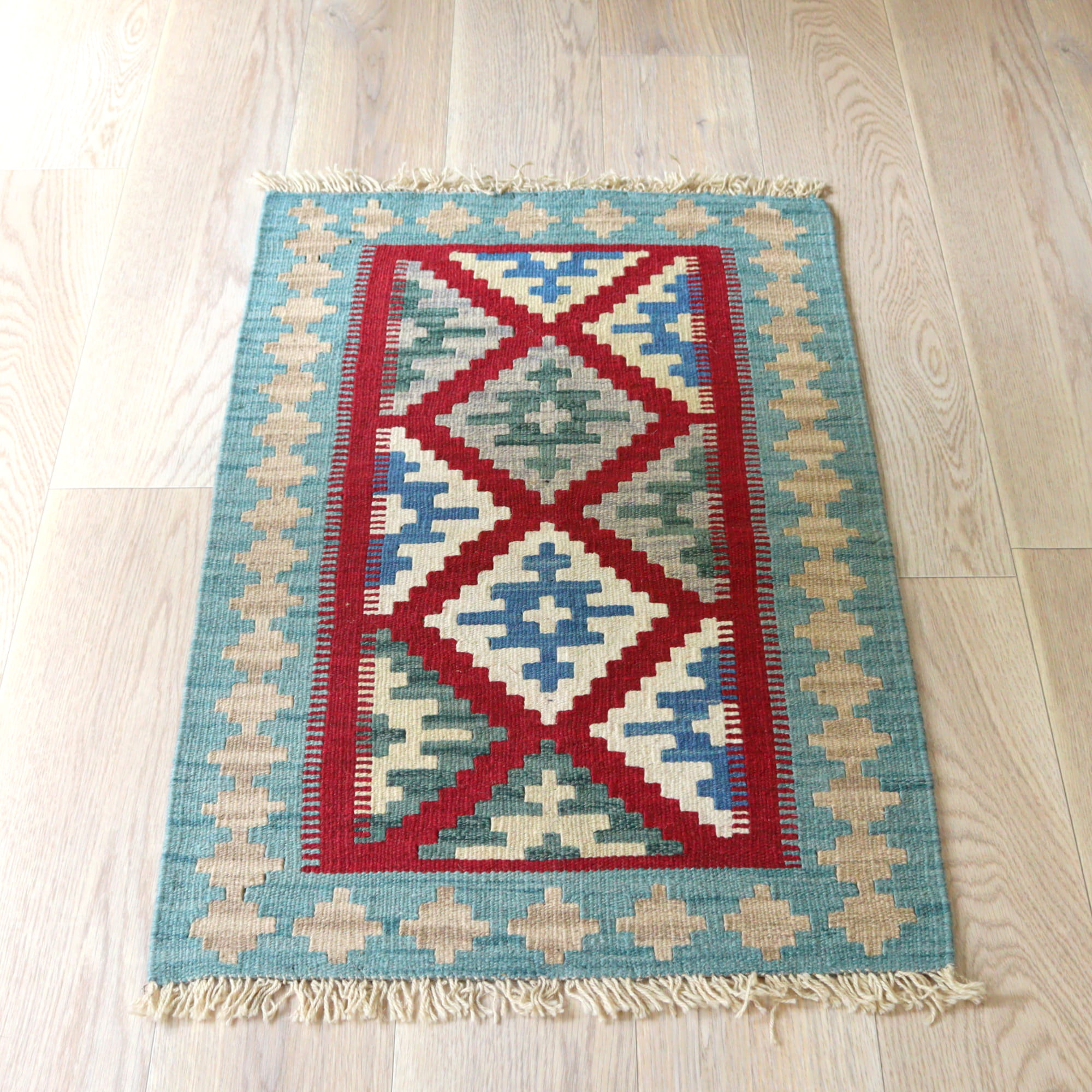 【15%OFF】カシュカイキリム イラン 手織り96×63cm カラフルな幾何学モチーフ