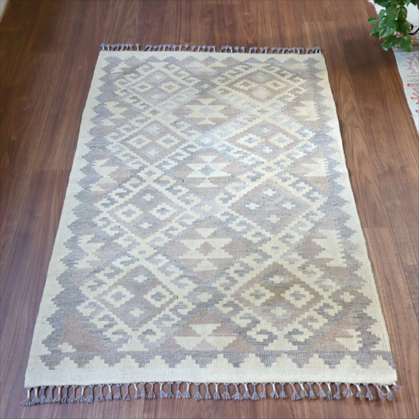 モノトーン　シンプルな手織りキリム153×98cm 幾何学モチーフ　アフガンキリム