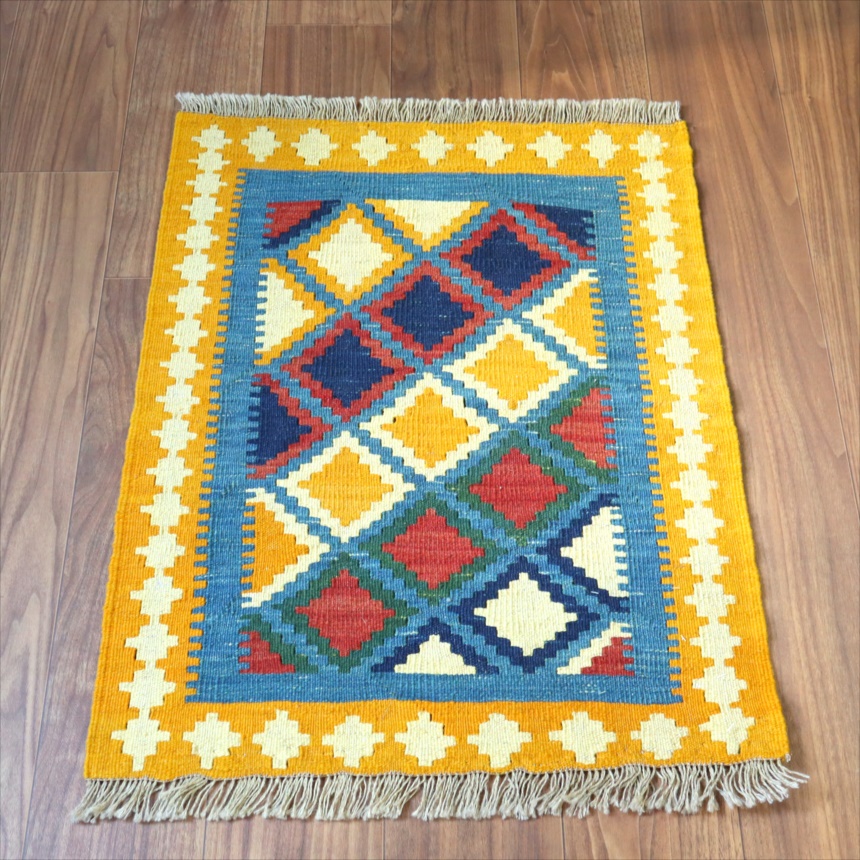 手織りキリム イラン シラーズ78×61cm カラフルな幾何学モチーフ