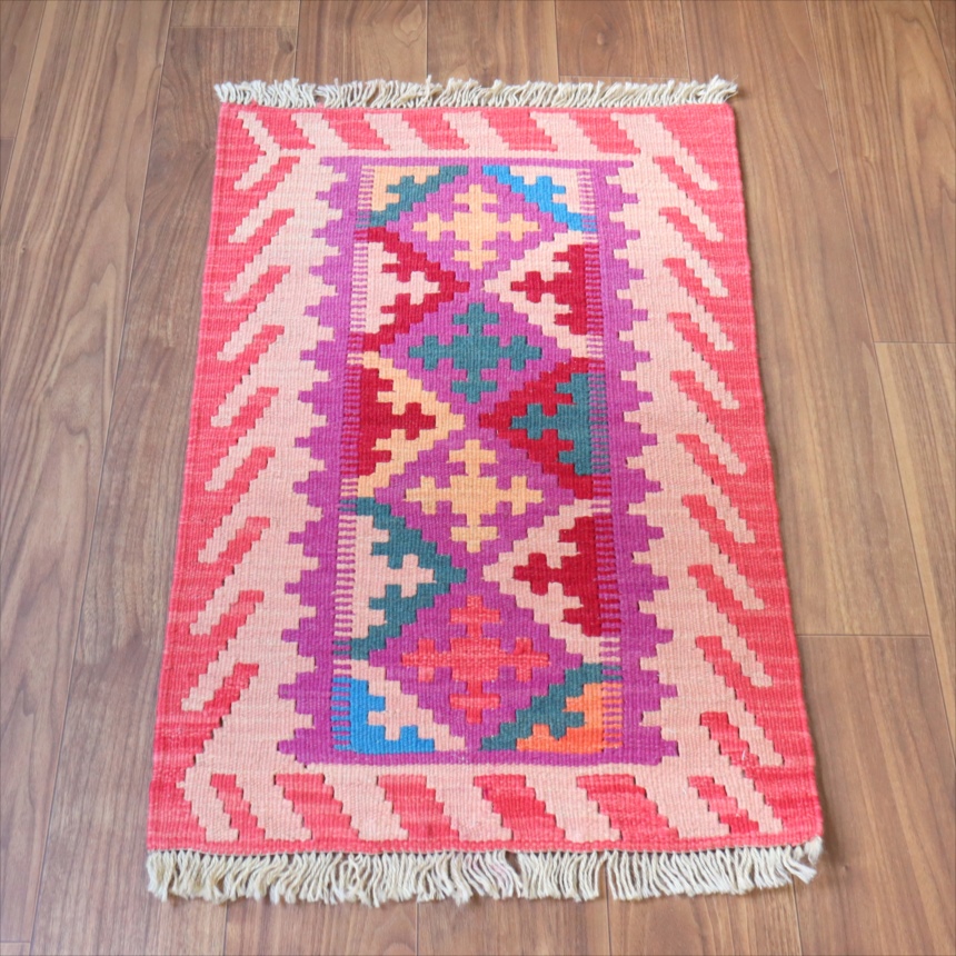 手織りキリム イラン シラーズ88×55cm カラフルな幾何学モチーフ