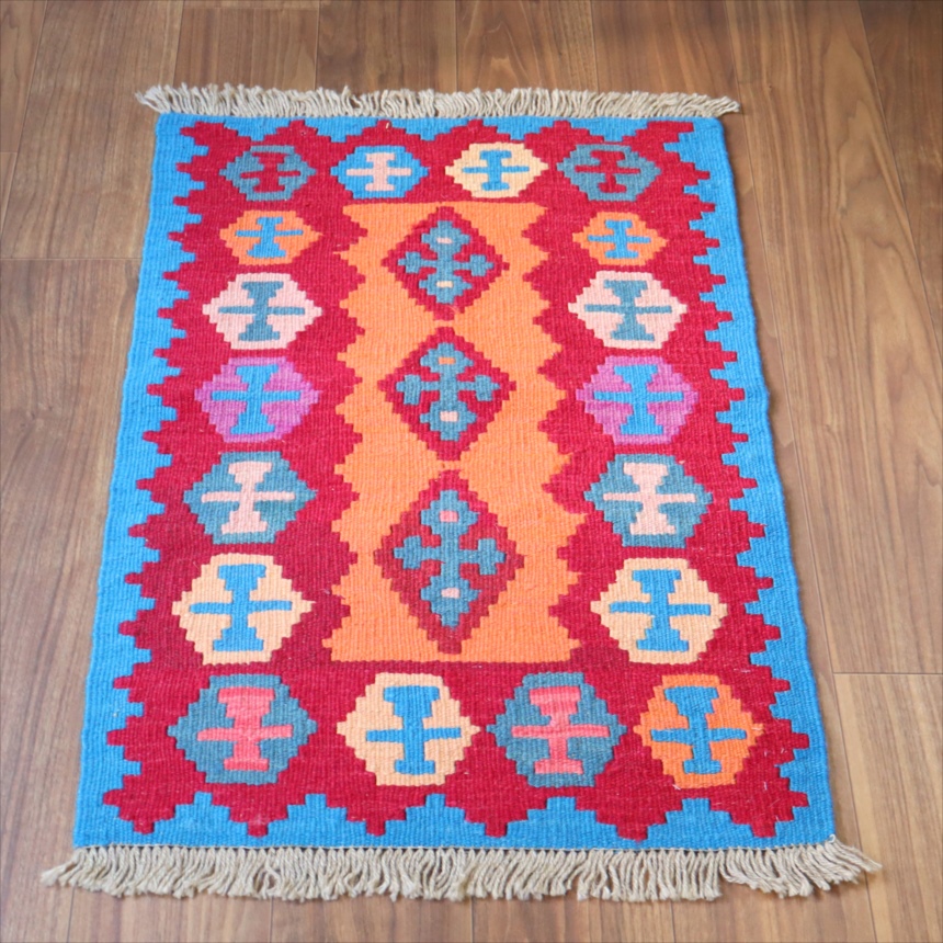 手織りキリム イラン シラーズ84×60cm カラフルな幾何学モチーフ