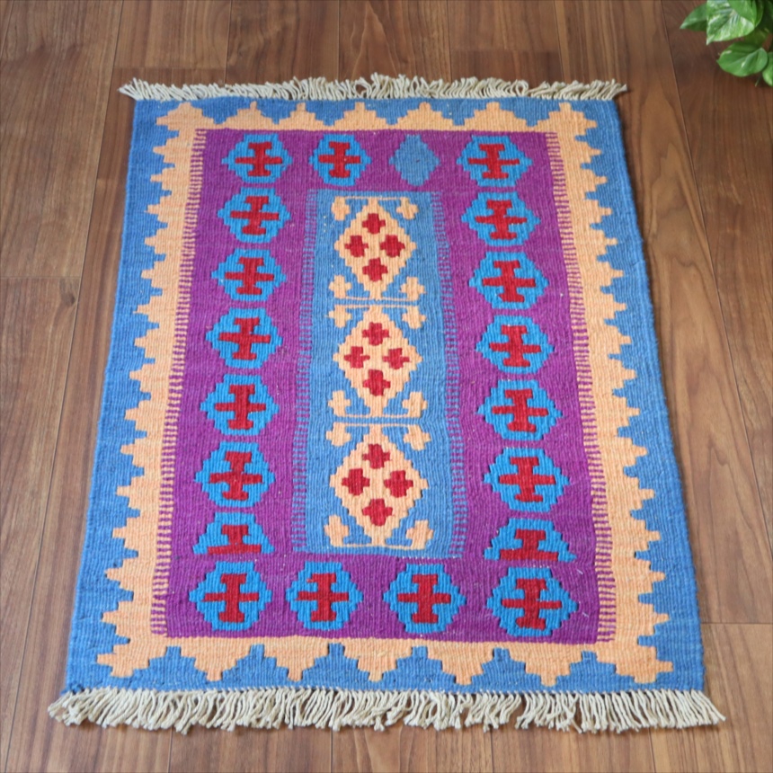 手織りキリム イラン シラーズ87×63cm カラフルな幾何学モチーフ