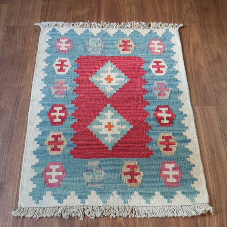 手織りキリム イラン シラーズ88×64cm カラフルな幾何学モチーフ